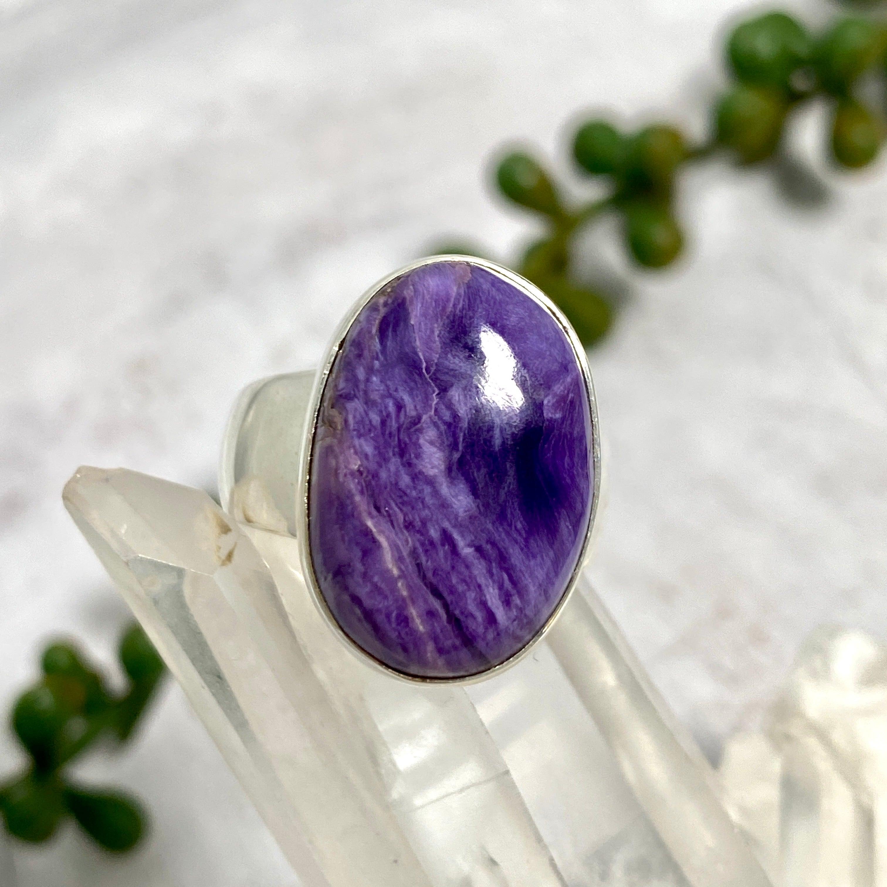 Charoite Oval Ring Size 8 - Genuine Purple Gemstone Jewelry for Women, Elegant Handmade Silver Ring - Perfect for Gifts, Weddings & Special Occasions