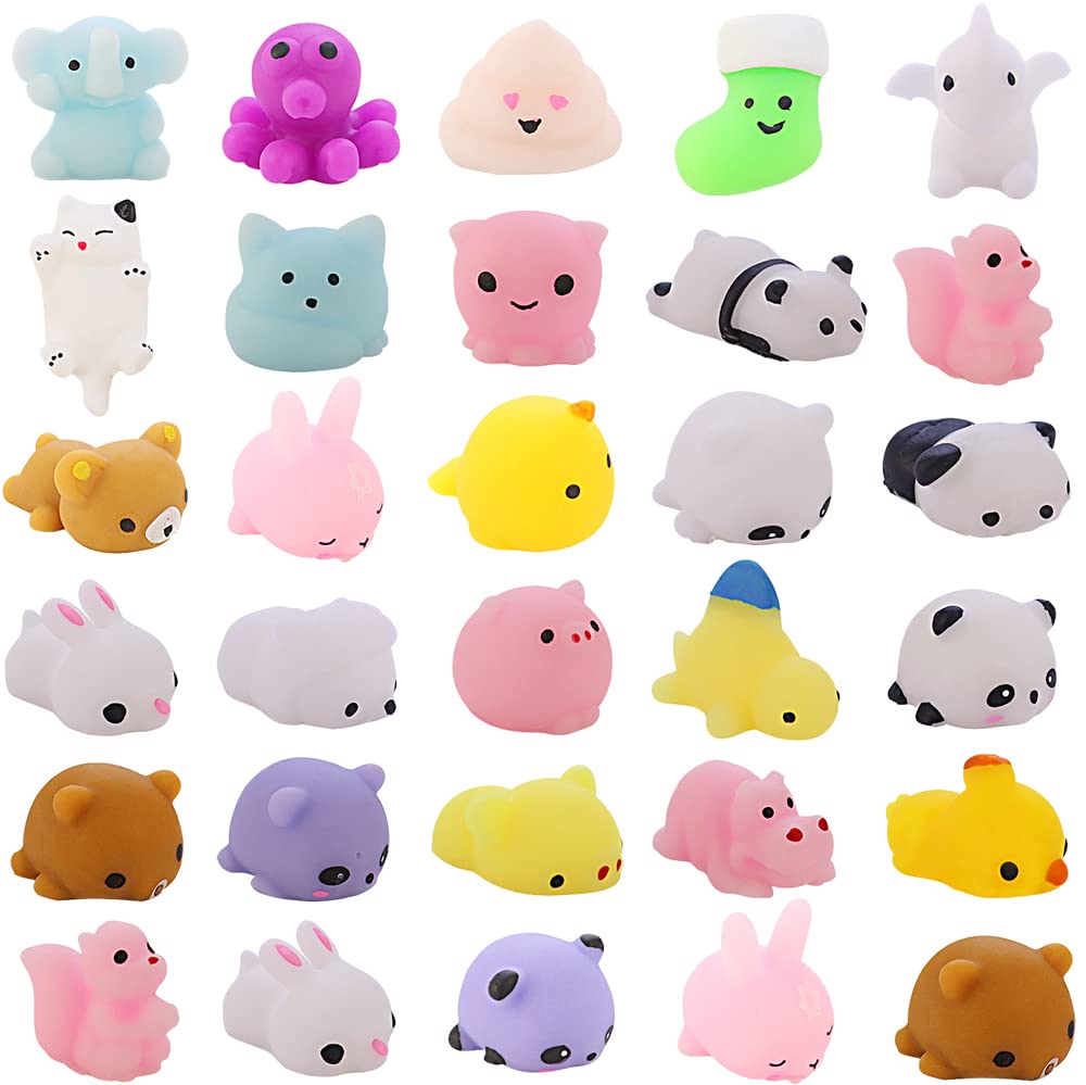 30 Pack Cute Kawaii Mochi Squishy Stress Relief Toys - Animal Shaped Soft Squeeze Sensory Fidget Toys for Kids, Teens & Adults - Perfect for Anxiety Relief, Office Desk Decor & Sensory Play Therapy