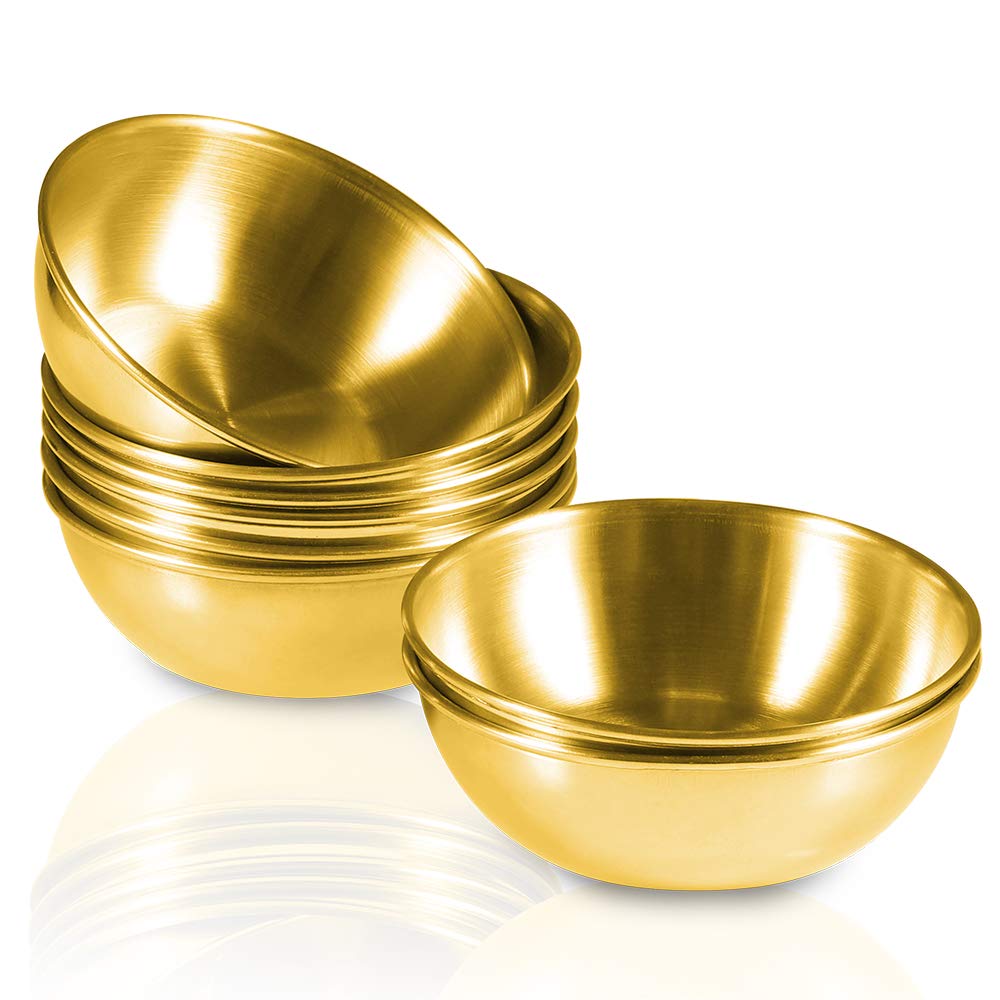 8-Pack 3.2 Inch Stainless Steel Mini Sauce Dishes - Round Individual Saucers for Sushi Dipping, Seasoning, Appetizers & Condiments - Golden Kitchen Serving Bowls for Parties, Restaurants & Home Use