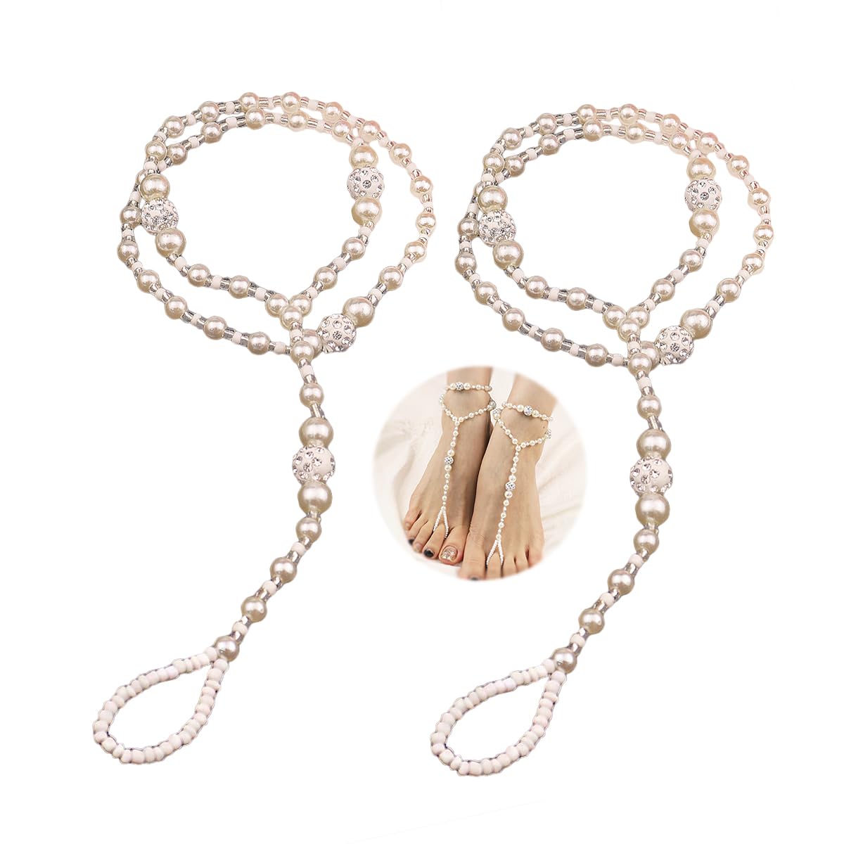 Bohemian Beaded Barefoot Sandals for Women - 2pcs Vintage Pearl Anklet with Toe Ring Set | Summer Beach Wedding Foot Jewelry | Perfect for Boho Brides, Beach Parties and Festival Accessories