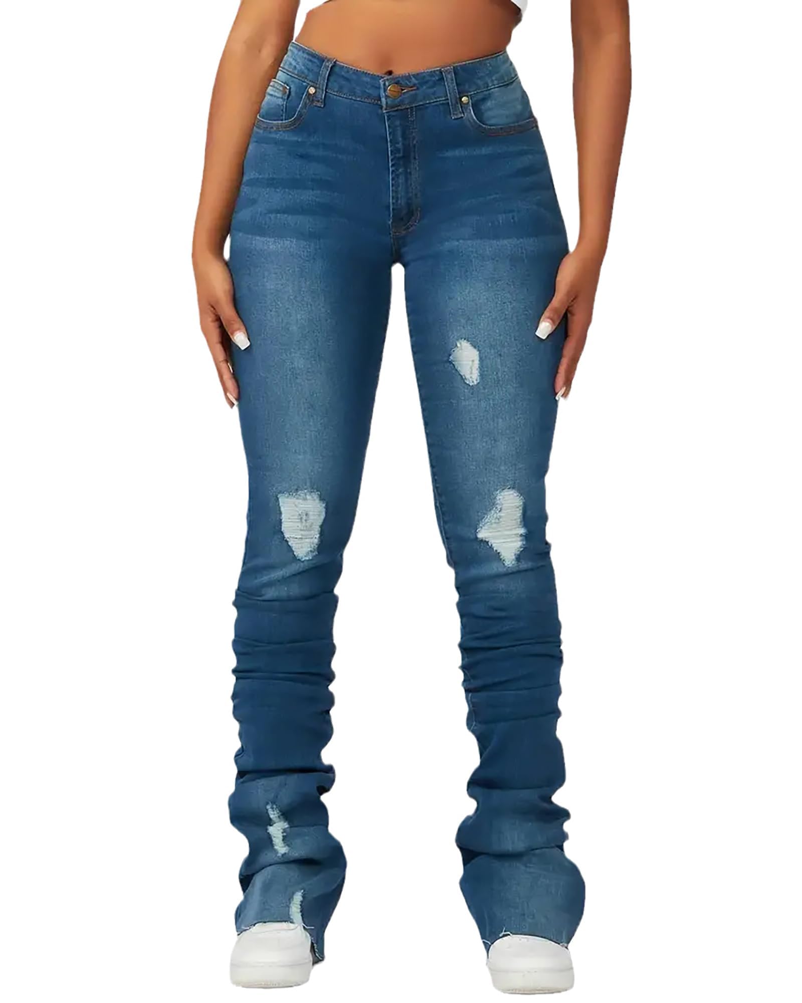 Conshvi Women's High Waisted Ripped Stretch Flare Jeans - Skinny Denim Pants for Casual Wear, Night Out & Street Style Fashion
