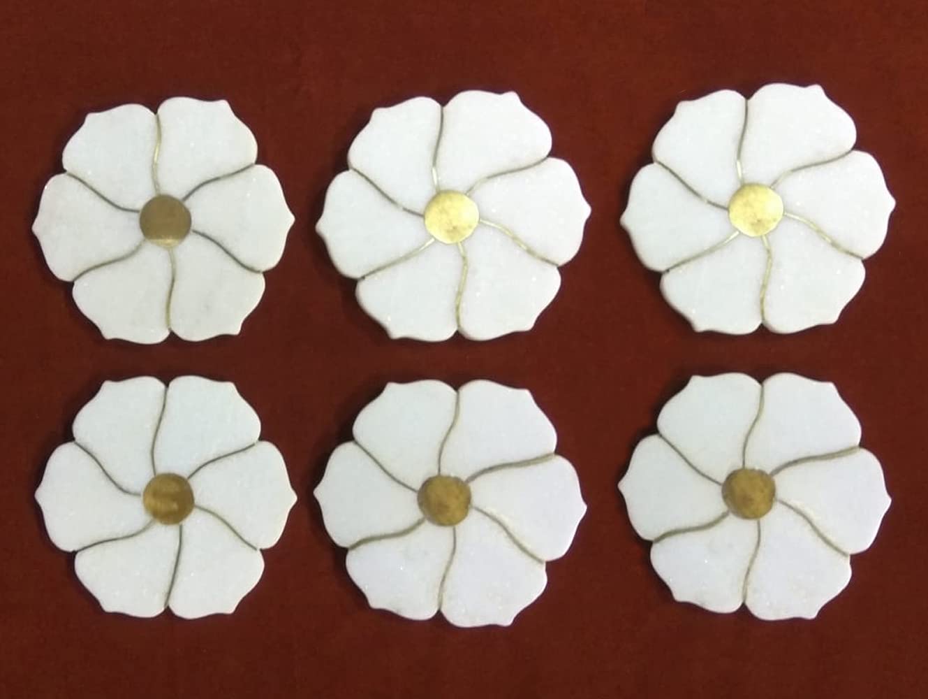 White Marble Coasters Set of 6 with Golden Brass Inlay - 5 Inch Round Drink Coasters for Tea, Coffee & Wine - Elegant Tableware & Bar Accessories for Dining Table, Home Decor & Gift Giving