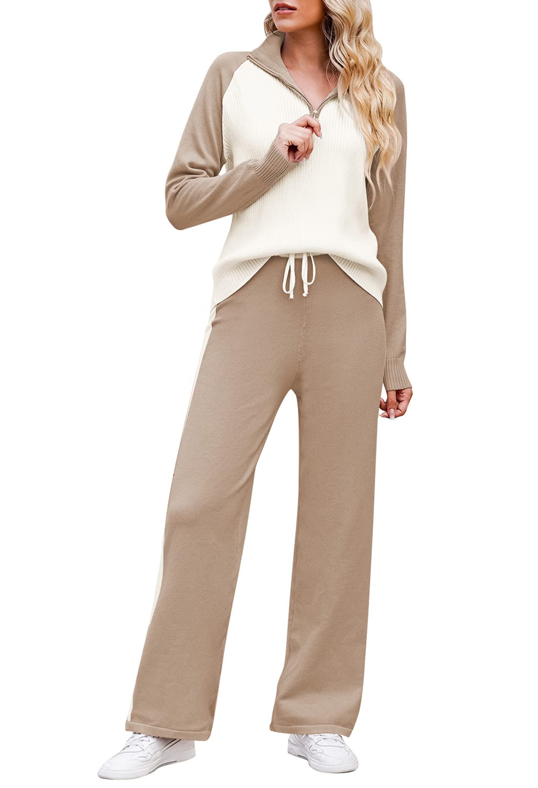TOLENY Women's Casual Ribbed Knit Lounge Set - Half Zip Pullover & Drawstring Pants Tracksuit | Cozy Outfit for Home, Yoga & Running Errands