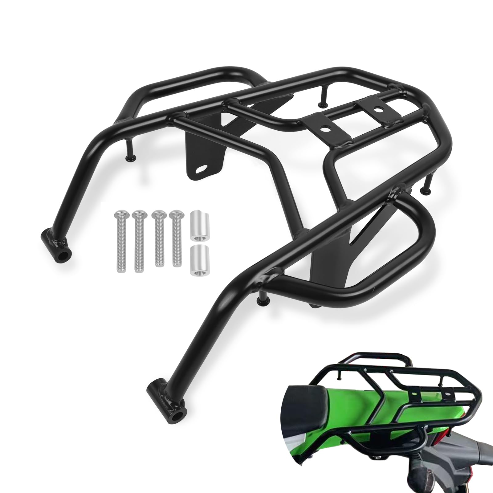 Kawasaki KLX230 KLX230 Rear Cargo Rack (2020-2022) - Heavy Duty Black Steel Motorcycle Luggage Shelf with Hand Grip Rail Bar | Perfect for Adventure Riding & Off-Road Storage
