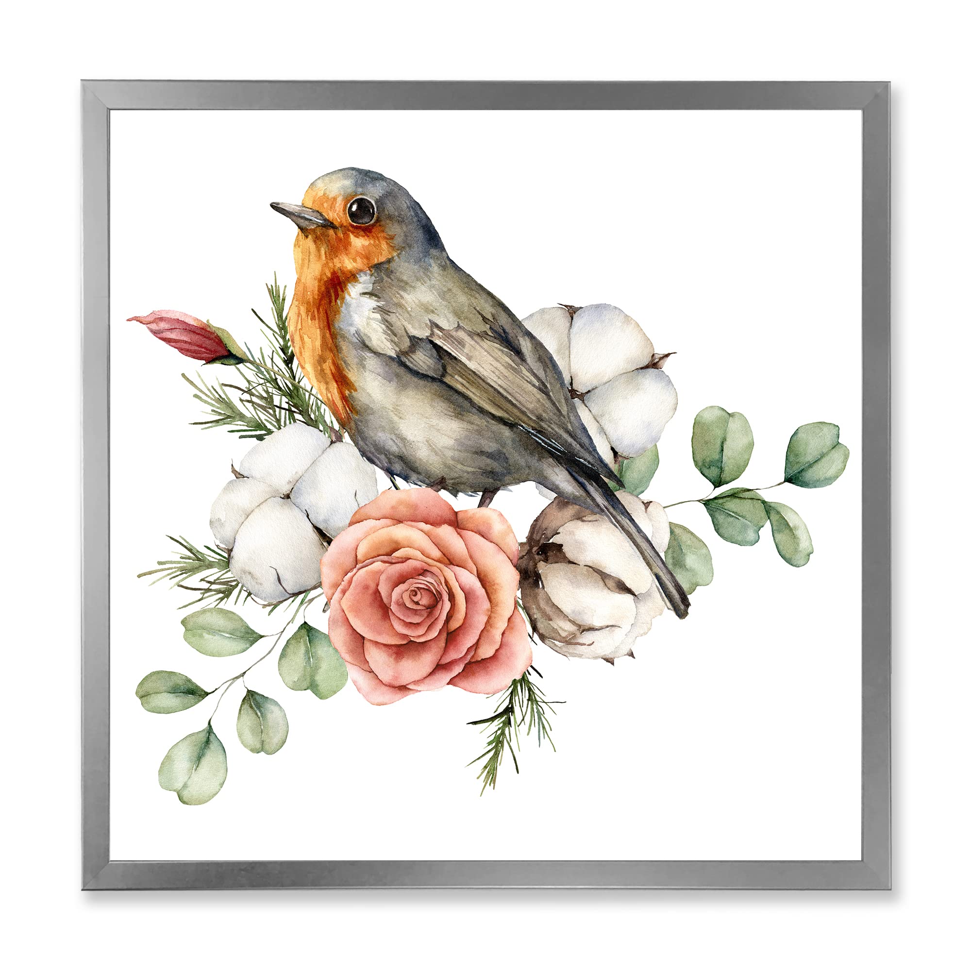 DesignQ Traditional Framed Wall Art - Robin Redbreast with Cotton Rose and Leaves - Vintage Home Decor for Living Room, Bedroom & Office