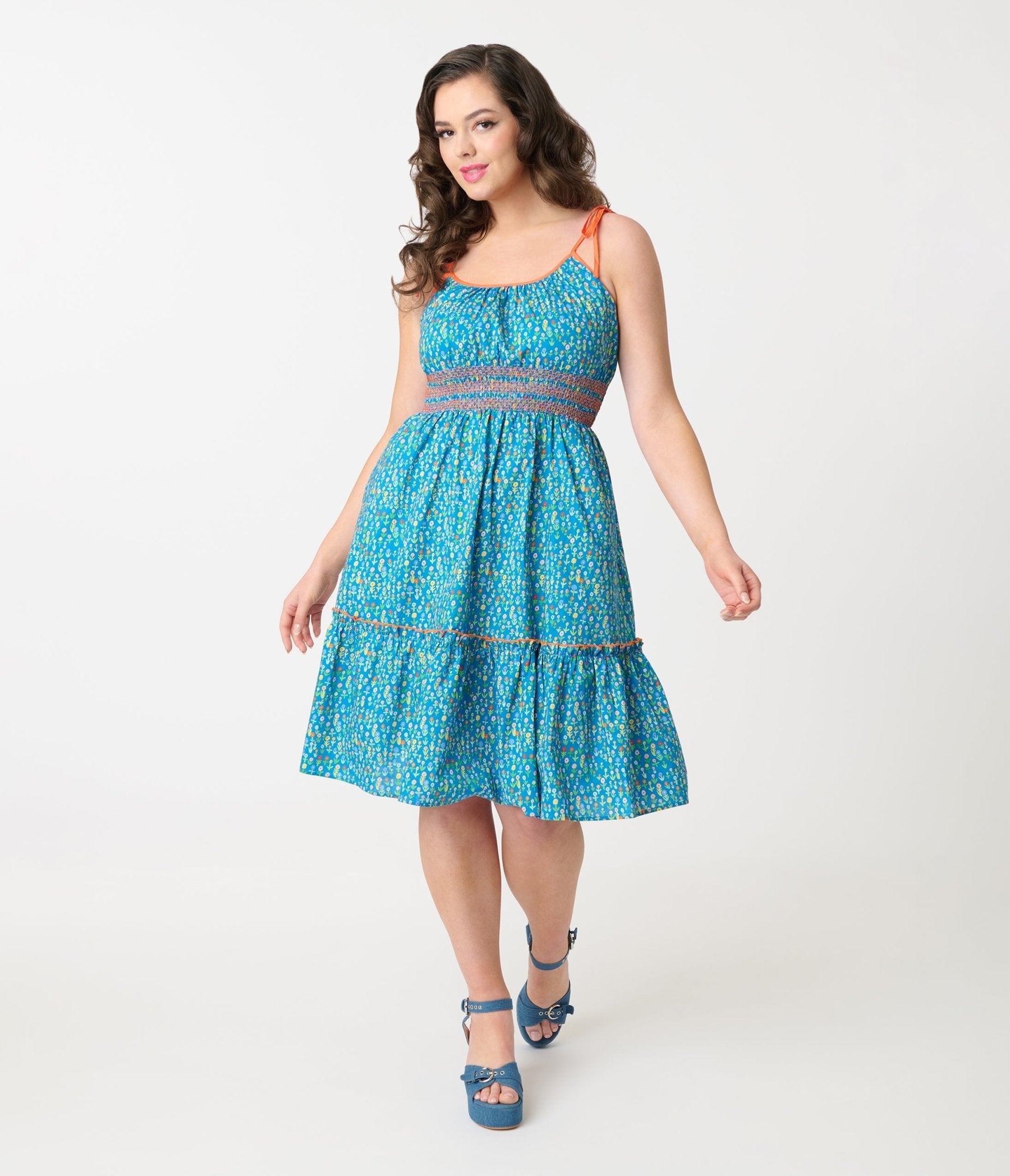 Smak Parlour Blue Ditsy Floral Tiered Cotton Flare Dress - Women's Boho Summer Maxi Dress for Beach, Vacation & Casual Outings