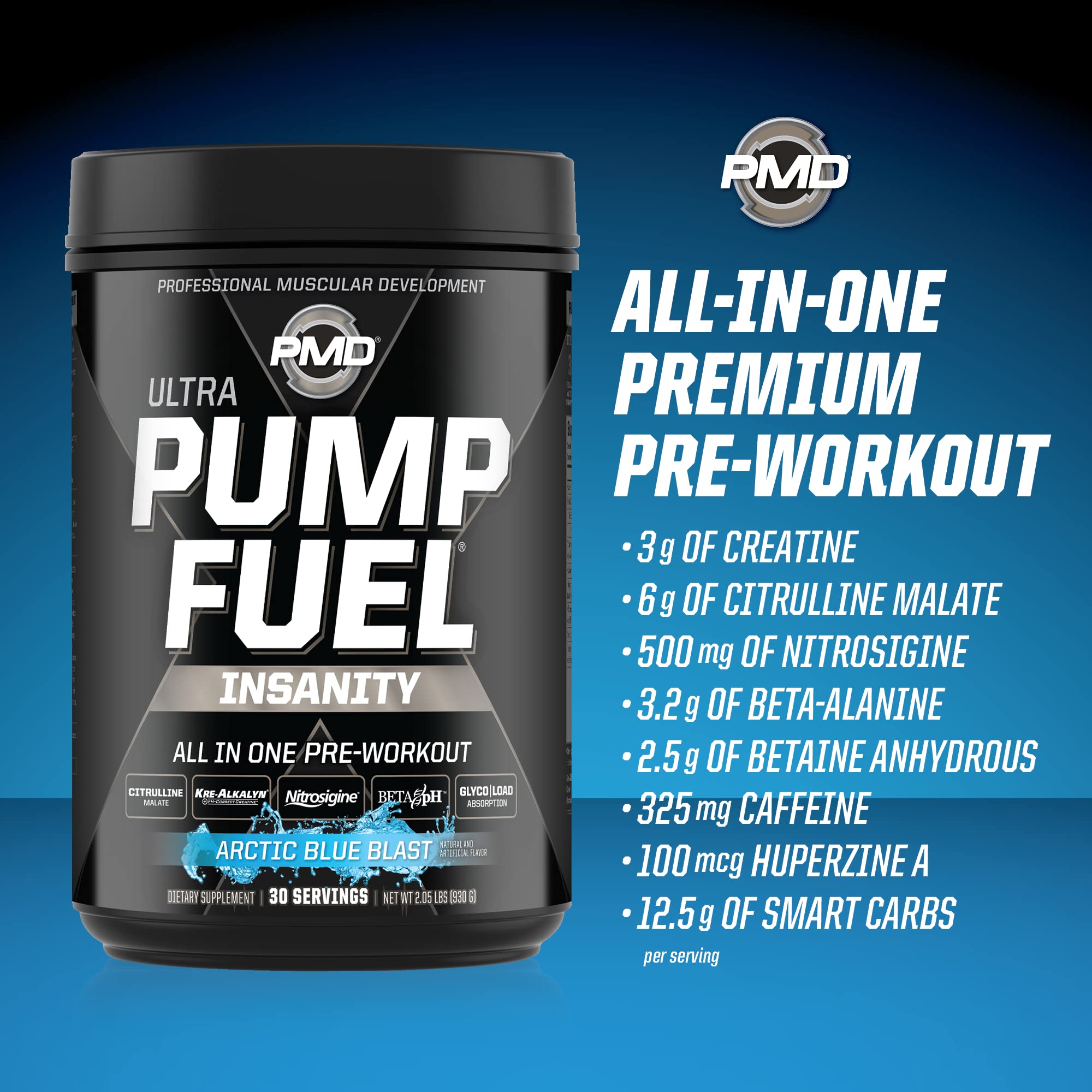 PMD Sports Ultra Pump Fuel Insanity Pre Workout Powder - Energy & Endurance Booster with Amino Acids & Carbs for Gym, CrossFit & Weightlifting - Arctic Blue Blast (30 Servings) | Ideal for Intense Training & Muscle Recovery