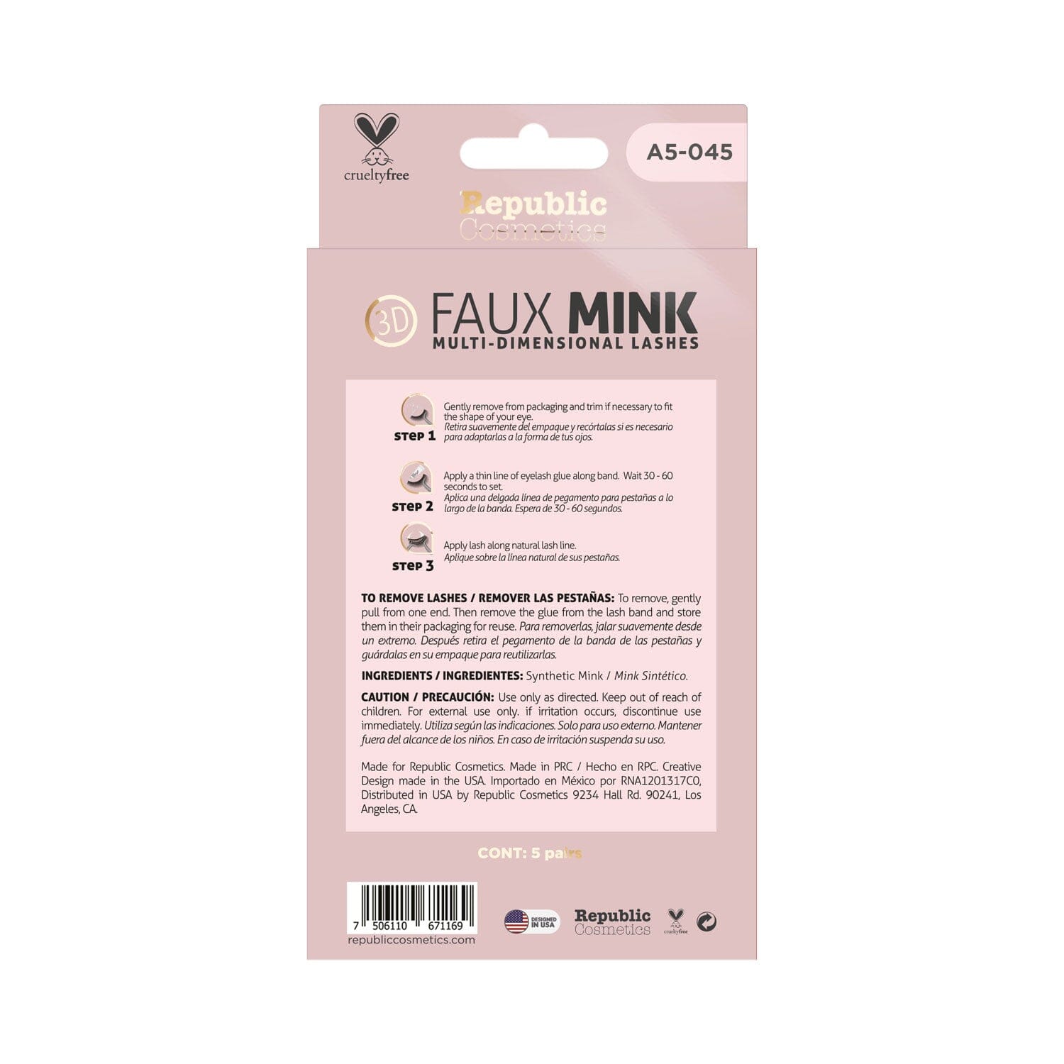 Republic Cosmetics 3D Faux Mink Lashes - Set of 5 Pairs (Style A5 045) for Dramatic Eye Looks | Perfect for Weddings, Parties & Special Occasions