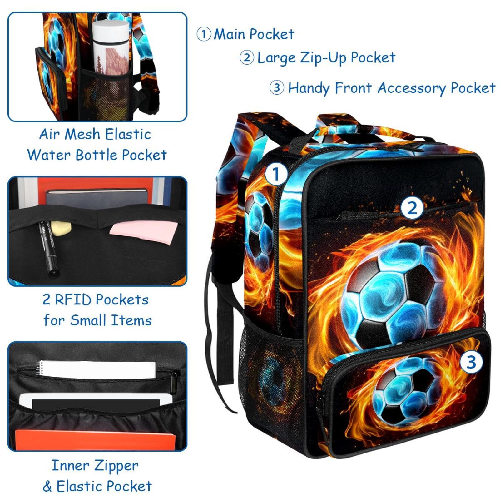 Best Travel Backpack for Women & Men - Lightweight Durable Hiking Backpack with Flaming Football Design - Perfect for Camping, School & Outdoor Adventures
