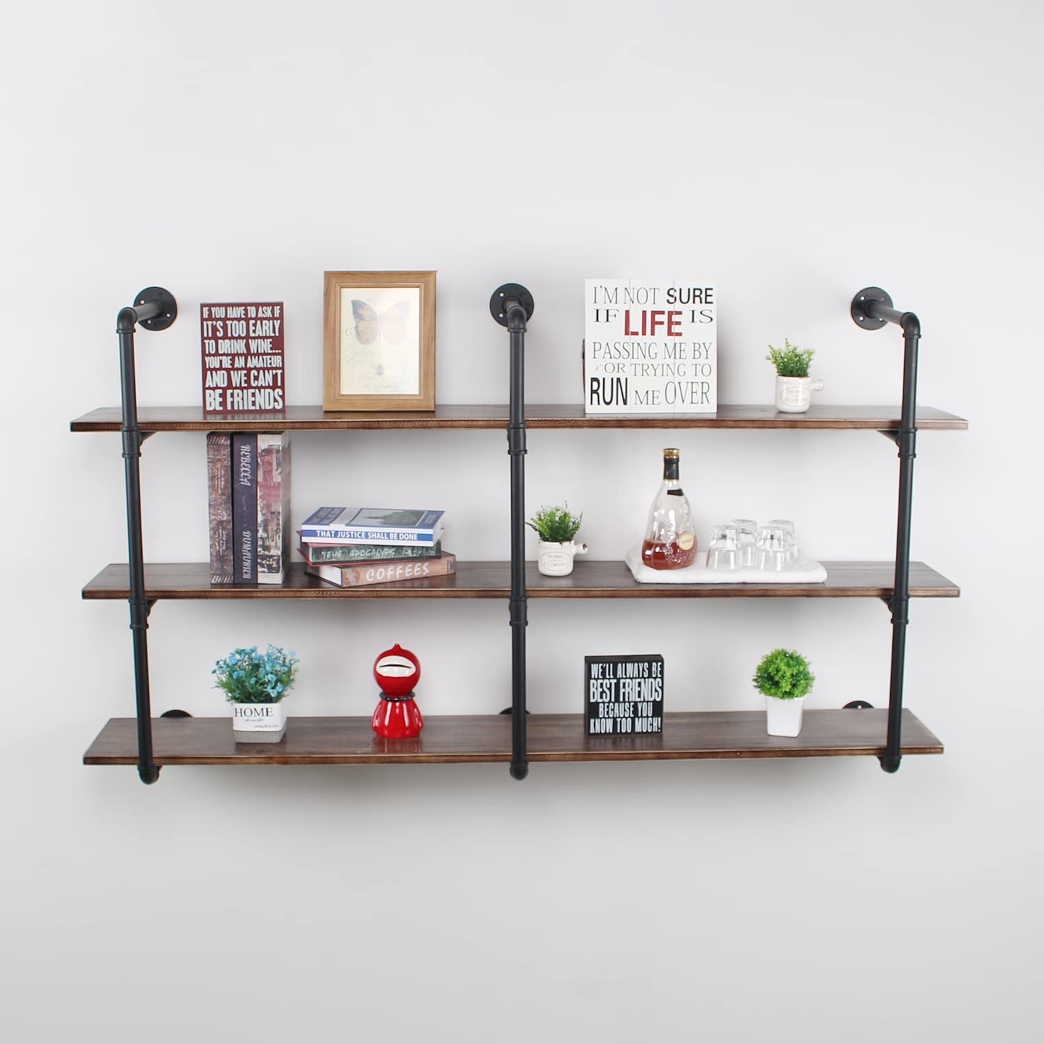MBQQ Industrial Retro Pipe Shelf 63in - 3 Tier Wall Mounted Rustic Floating Shelves for Farmhouse Kitchen & Bar - Black Home Decor Bookcase with DIY Hanging Wall Shelves | Perfect for Vintage Home Decor, Books Display & Kitchen Storage