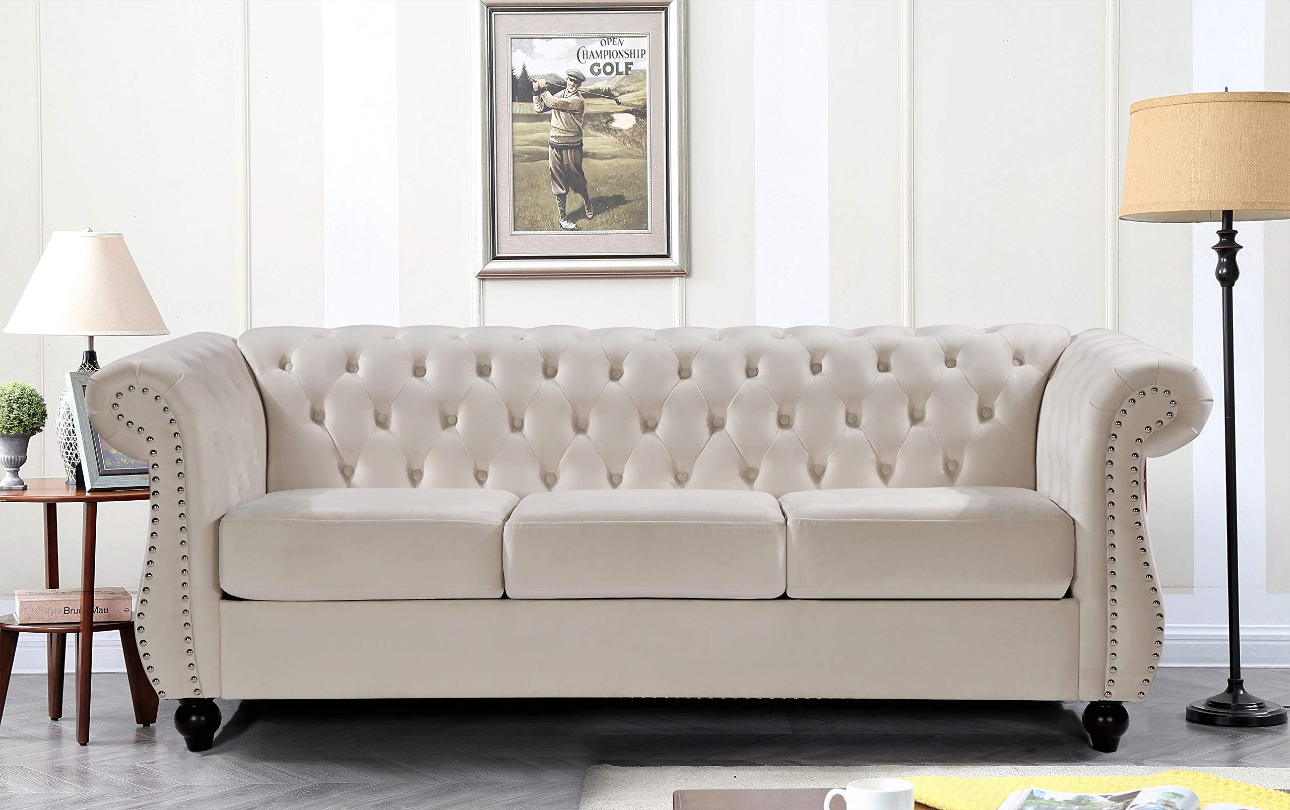 Premium Modern Velvet Chesterfield Sofa & Chair Set with Nailhead Trim, Diamond Tufting & Sturdy Metal Frame - Ivory Living Room Furniture for Elegant Home Decor, Office Lounge & Hotel Reception