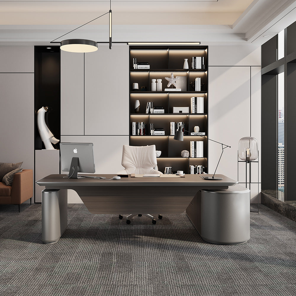 LUCA Electric Height Adjustable Sit Stand Desk 240cm - Hazelnut & Grey Finish, Ergonomic Executive Office Desk with Reversible Return for Home & Workspace