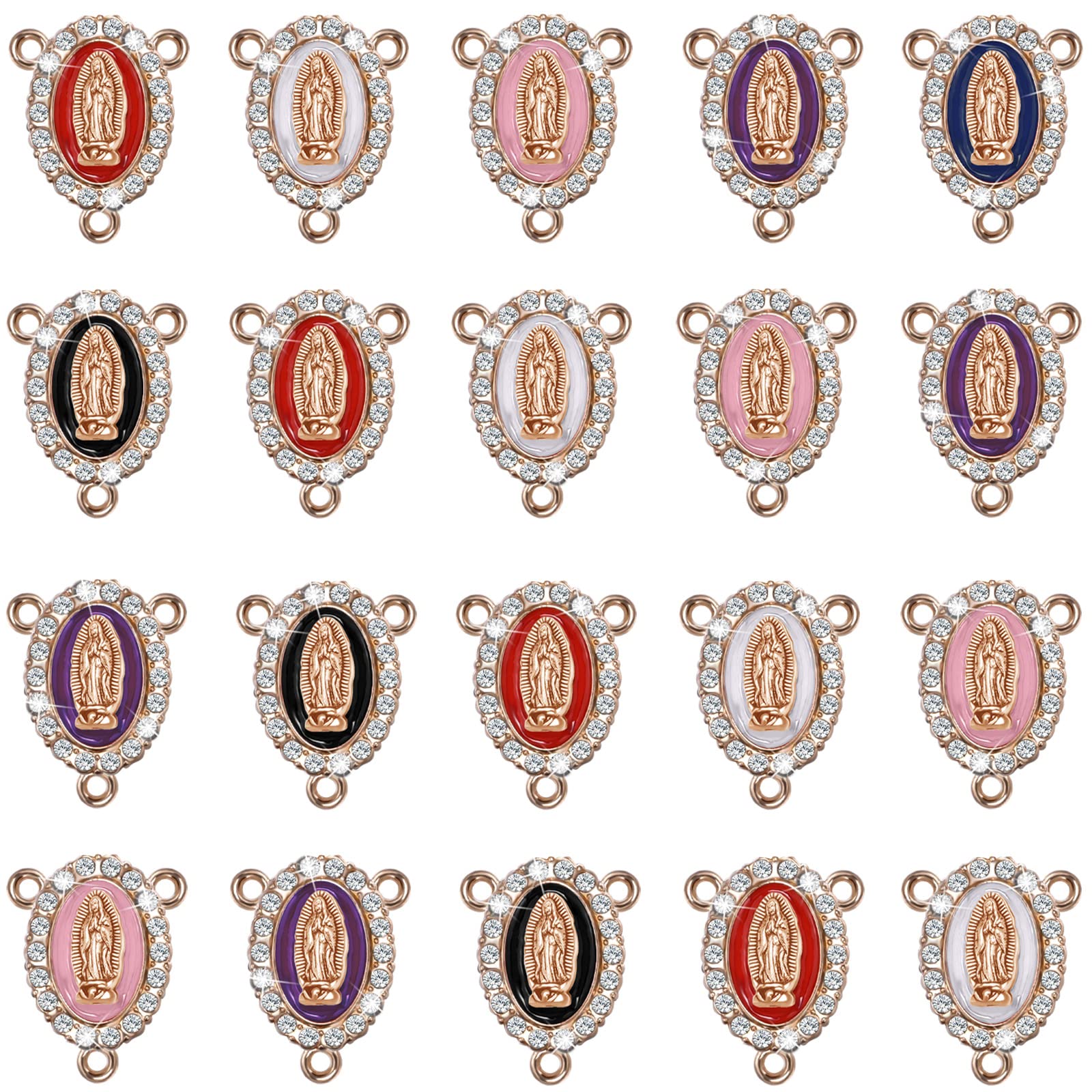 36Pcs 6-Color Alloy Enamel Inlay Rhinestone Virgin Mary Miraculous Medal Charms with Crucifix Pendants - DIY Rosary Beads Necklace Making Supplies for Religious Jewelry, Gifts & Home Decor