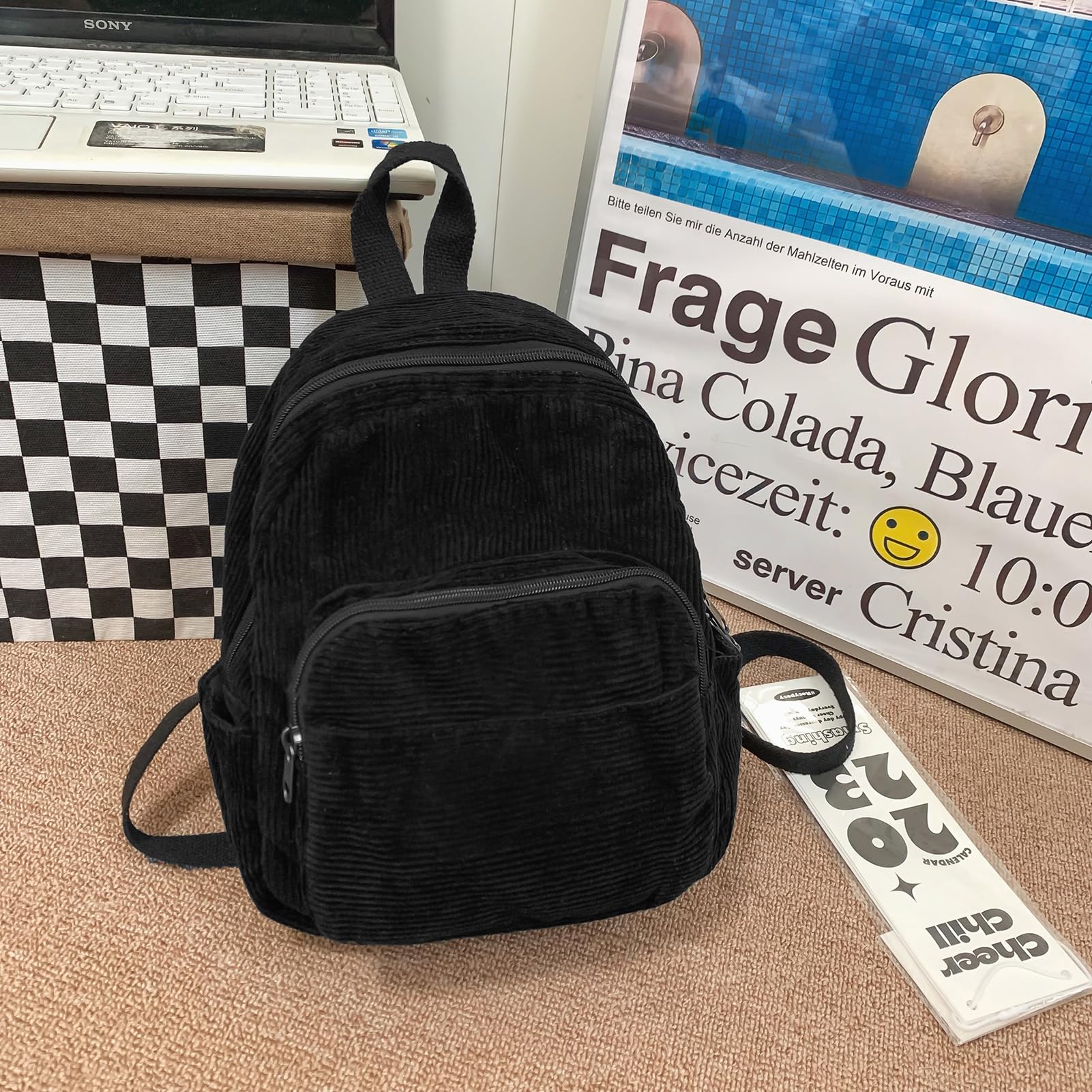 Stylish Mini Backpack for Women & Girls - Cute Corduroy Small Backpack Purse with Adorable Bear Pendant | Perfect Gift for School, Travel & Everyday Use