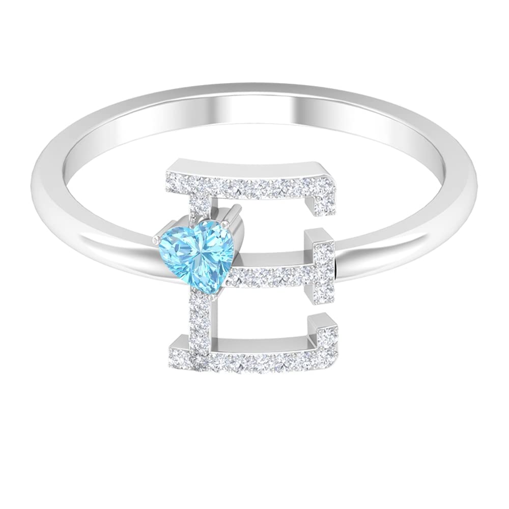 14K White Gold Aquamarine & Diamond Initial Rings A-Z for Women | Personalized Alphabet Rings | Elegant Heart Design Jewelry for Birthdays, Anniversaries & Gifts