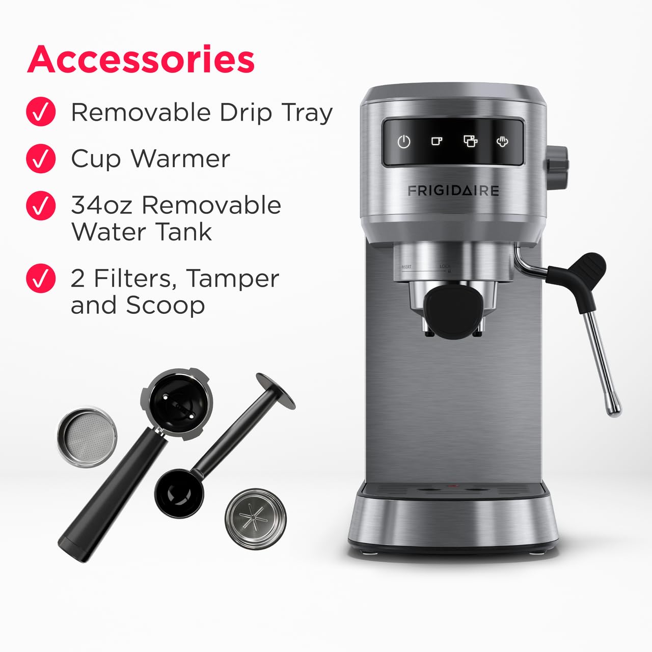 Frigidaire 20 Bar Compact Espresso Machine with Milk Frother & Tamper - Stainless Steel Coffee Maker for Cappuccino, Latte & Espresso - Perfect for Home, Office & Coffee Shop Use