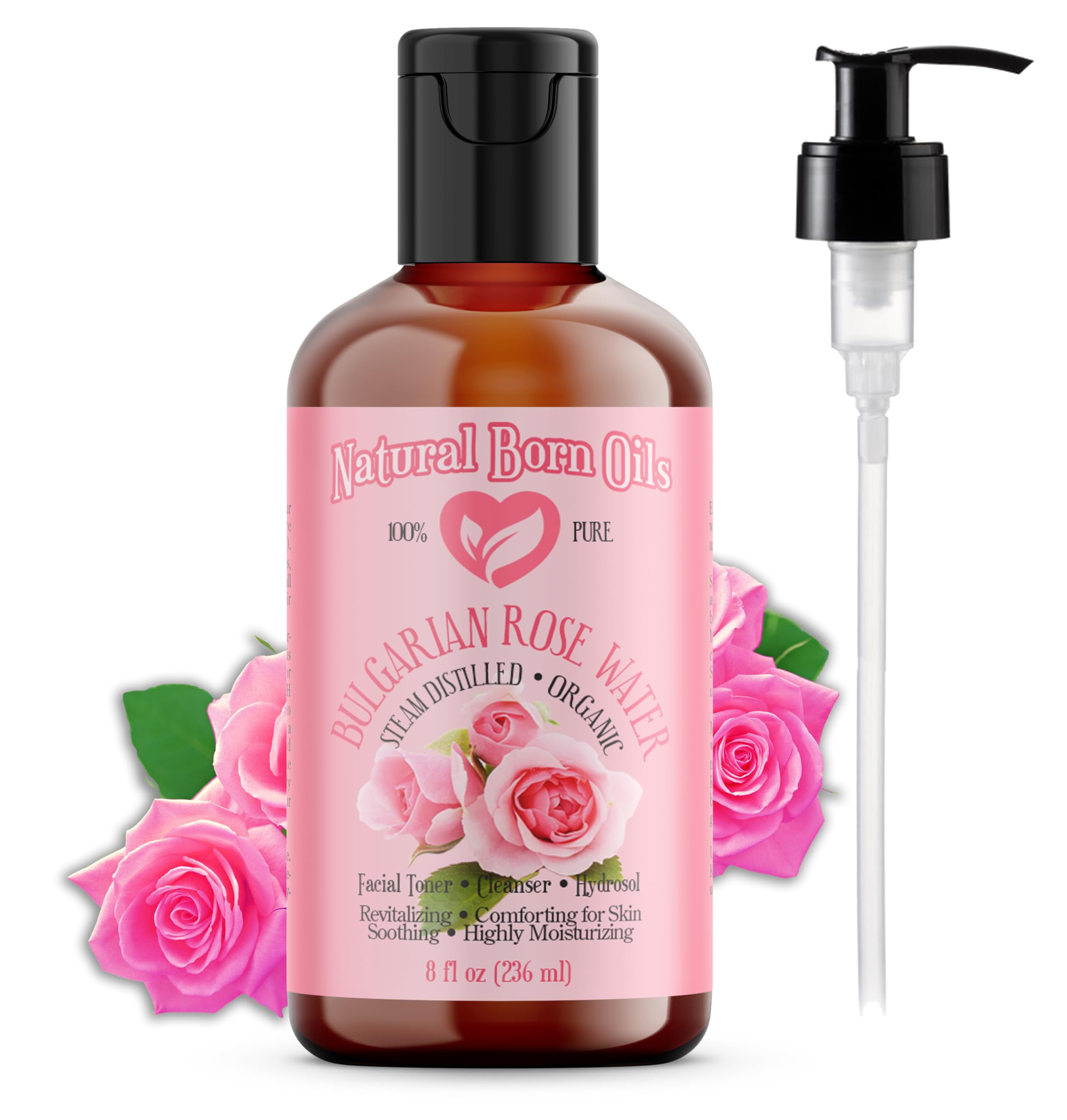 Natural Born Oils 8oz Rose Water Hydrosol - 100% Pure, Organic, Steam-Distilled Facial Toner & Cleanser with Sprayer | Hydrating Mist for Skin Care, Makeup Setting & Aromatherapy