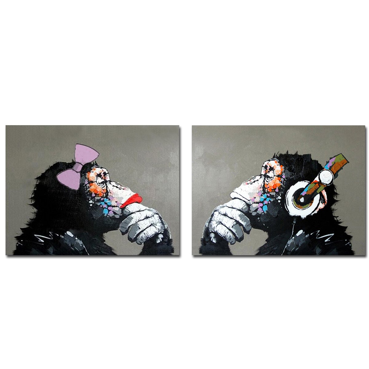 Hand Painted Monkey with Headphones Oil Painting on Canvas - Large Wall Art for Living Room Decor (24x32 Inches, Set of 2) | Ready to Hang Modern Artwork for Home, Office & Gift Giving