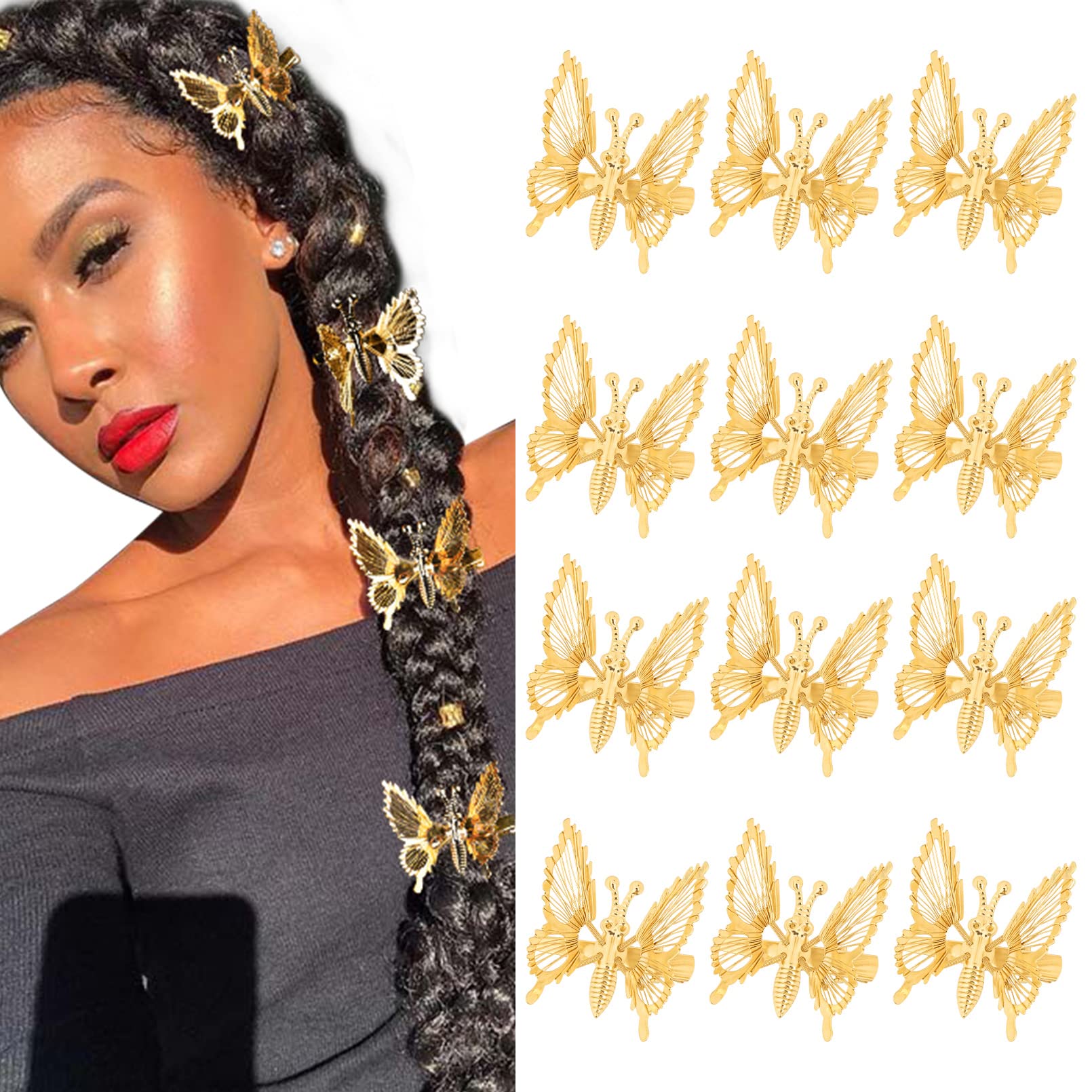 12 PCS 3D Moving Butterfly Hair Clips - Gold Metal Wing Hair Accessories for Women & Girls | Vintage 90s Style Barrettes | Perfect for Parties, Weddings & Everyday Fashion