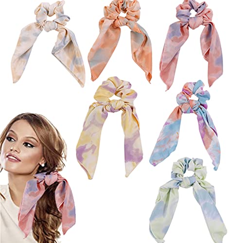 Cutewing Tie Dye Hair Scrunchie & Scarf Set - 6PCS Colorful Chiffon Hair Accessories for Women & Girls | Ponytail Bows, Hair Bands & Elastic Hair Ties for Everyday, Work & Special Occasions