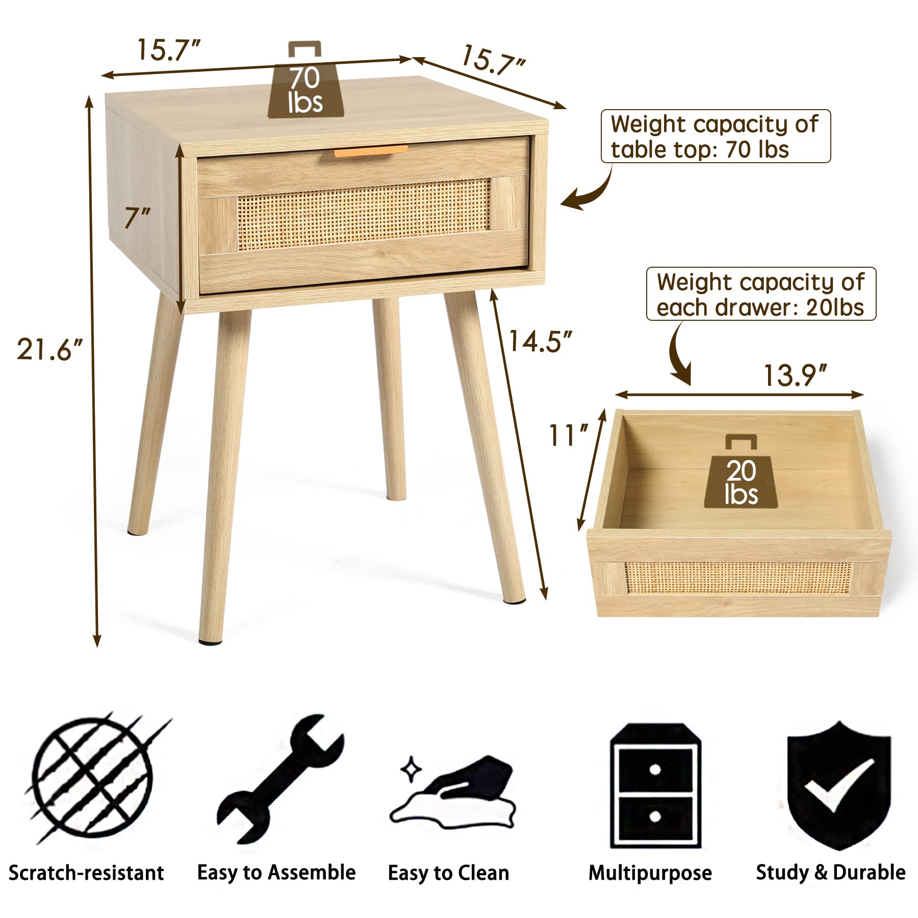HOPUBUY 2-Pack Modern Nightstands with Rattan Drawer, Wooden Bedside Table for Small Spaces & Bedrooms - Brown (1 Drawer Each) - Perfect for Bedroom, Living Room & Dorm Organization
