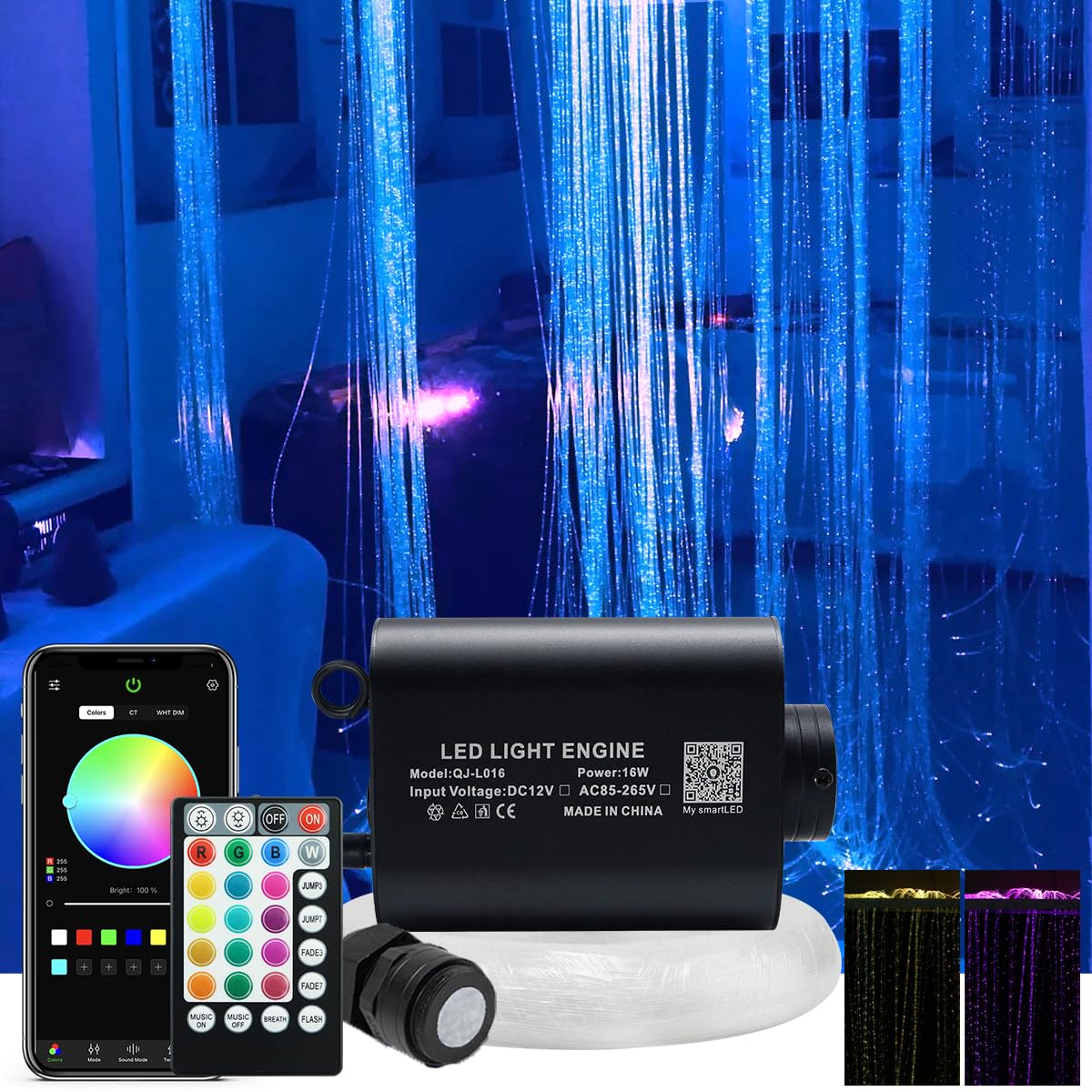AKEPO 16W RGBW Fiber Optic Curtain Light Kit - Color Changing Waterfall Window Lights for Sensory Rooms, Home Decor & Parties (300pcs 9.8ft/3m Sparkle Cables) - Perfect for Bedrooms, Weddings, Christmas & Outdoor Decorations
