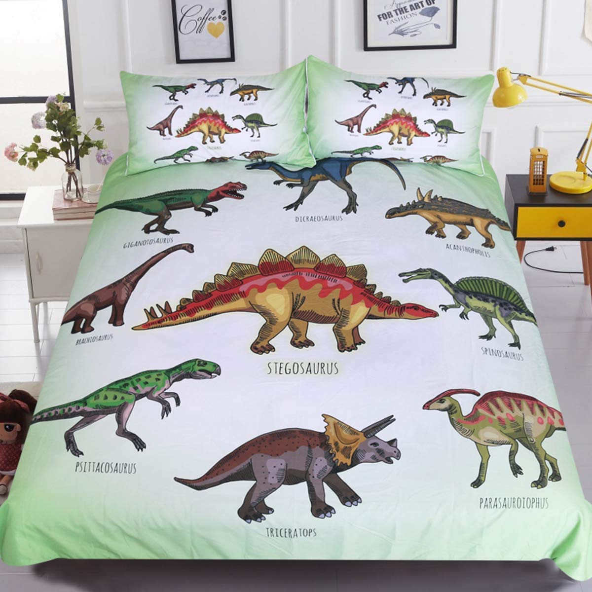 Sleepwish Dinosaur Duvet Cover Set for Kids - 3 Piece Twin Bedding Set with Cartoon Dino Print, Green Comforter Cover for Boys & Girls - Perfect for Kids' Bedroom, Dorm Room, and Sleepovers