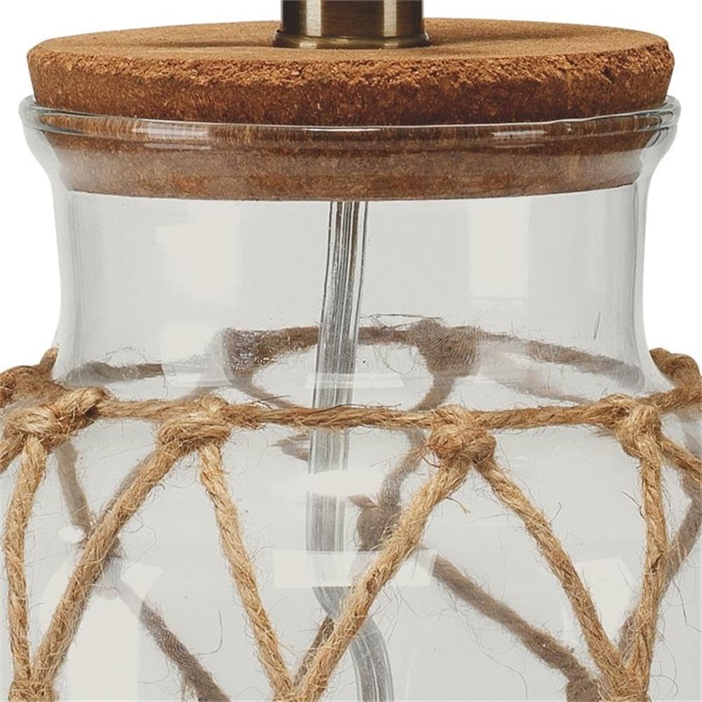 Coastal Rope & Glass Jar Table Lamp with Oatmeal Linen Shade - 3-Way Socket, Clear & Natural Finish - Perfect for Beach House, Farmhouse, or Boho Bedroom Decor