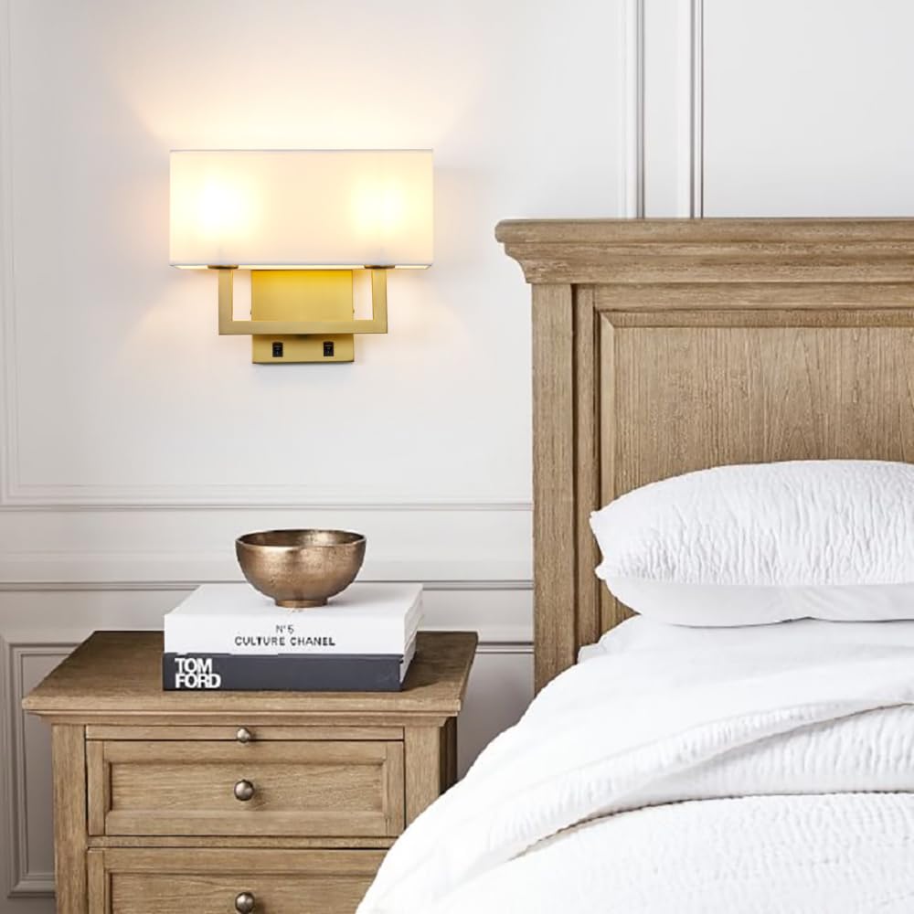Yosoan Set of 2 Modern Boho Brass Wall Sconces with On/Off Switch - Vintage Industrial 2-Light Vanity Fixtures with White Fabric Shades - Perfect for Bedroom, Living Room, Hallway & Reading Nook (Antique Brass Finish)