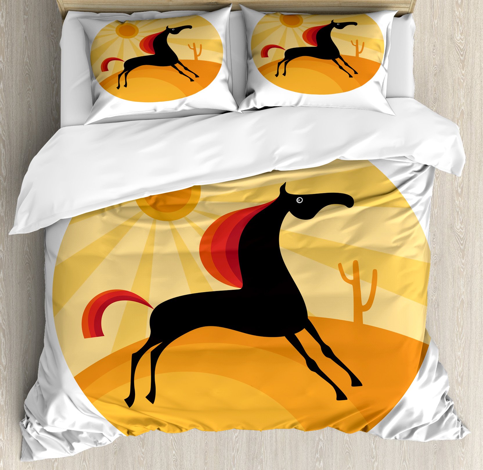 Ambesonne Horse Duvet Cover Set - Abstract Animal Running in Desert Landscape, 3-Piece King Size Bedding with 2 Pillow Shams | Vibrant Multicolor Design for Modern Bedroom Decor | Perfect for Guest Rooms, Master Bedrooms & Western-Themed Home Interiors
