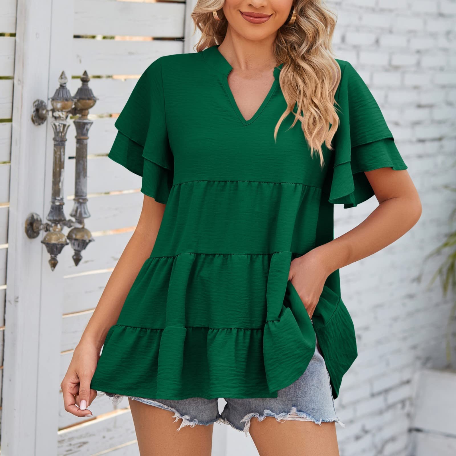 Plus Size Women's Double Layered Ruffle Sleeve V-Neck Tunic Top - Casual Loose Fit Summer Blouse for Going Out | Perfect for Office, Date Night & Weekend Wear