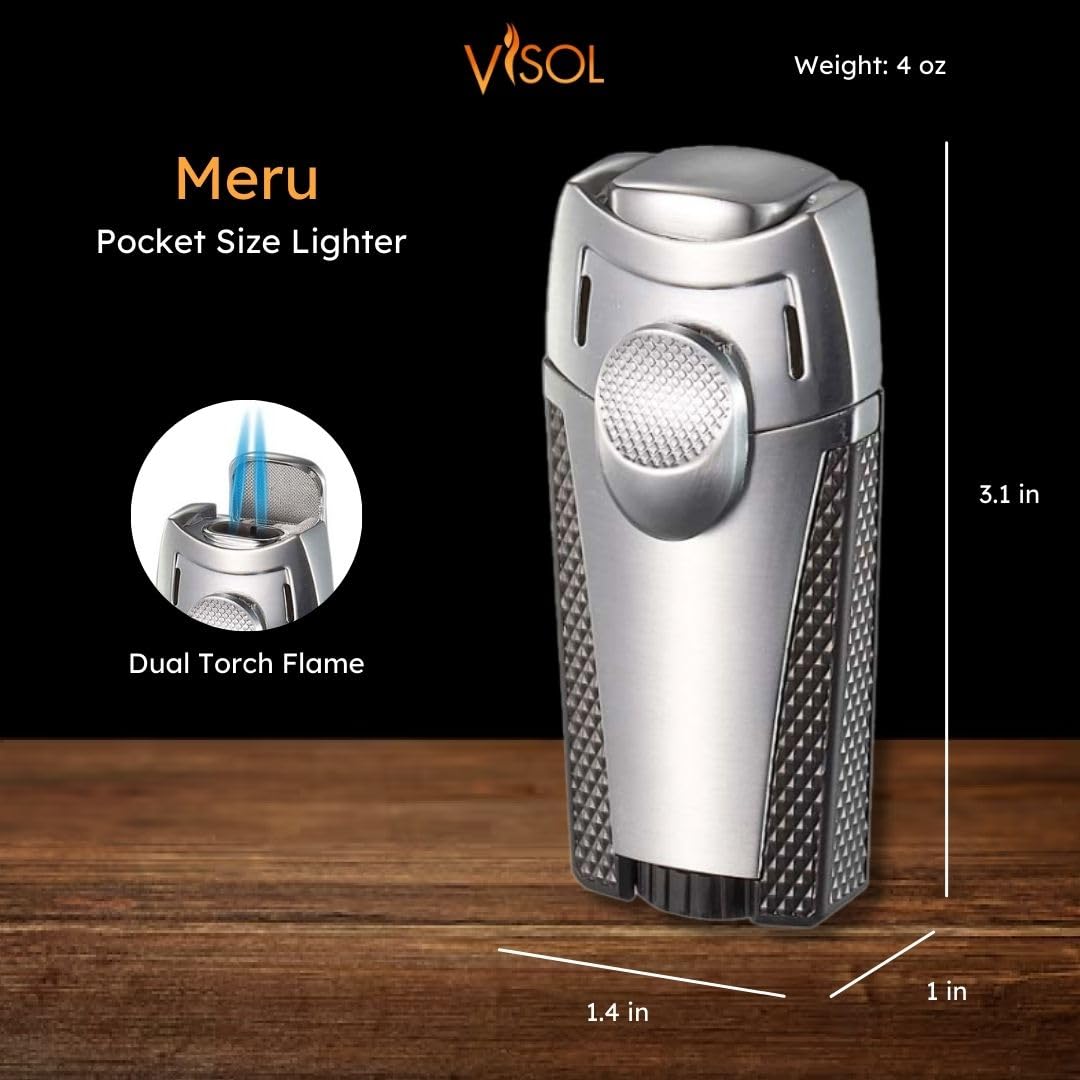 Premium Personalized Visol Meru Dual Torch Cigar Lighter - Windproof Refillable Butane Lighter (Butane Not Included) - Perfect for Cigar Enthusiasts, Outdoor Smoking & Gifting