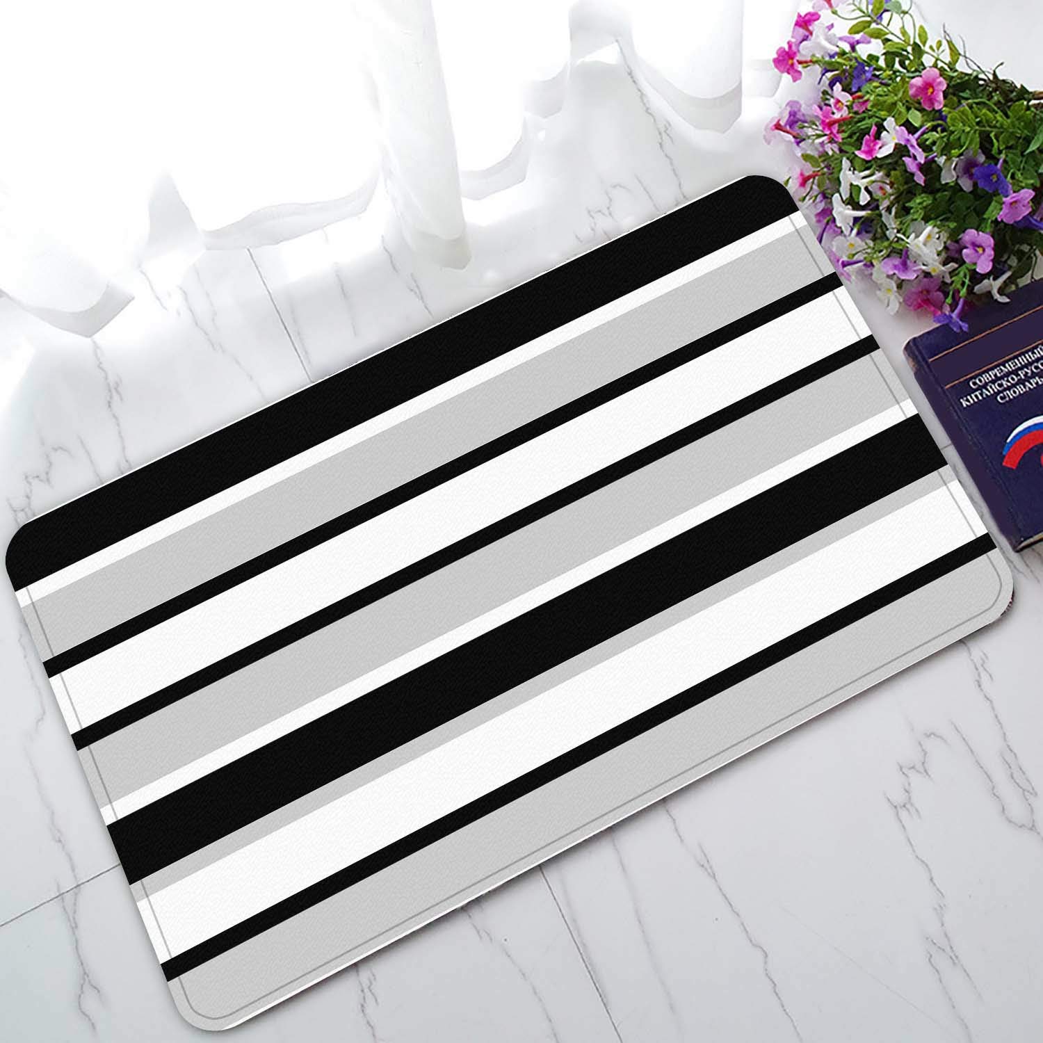 ECZJNT Striped Black & Gray Welcome Doormat - Non-Slip Bath Rug & Entrance Floor Mat (30x18 Inches) - Perfect for Home Entryway, Bathroom & Indoor Decor