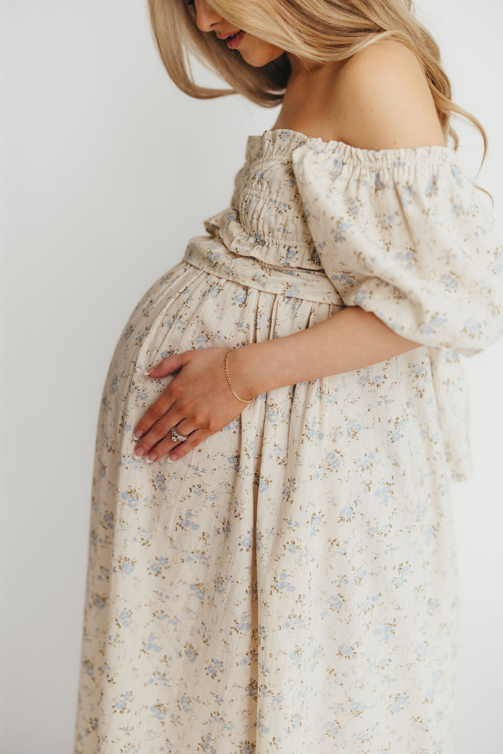 Finley 100% Cotton Peplum Midi Dress - Ivory & Blue - Bump & Nursing Friendly Maternity Dress for Pregnancy & Breastfeeding | Perfect for Casual Outings, Baby Showers & Nursing Dates