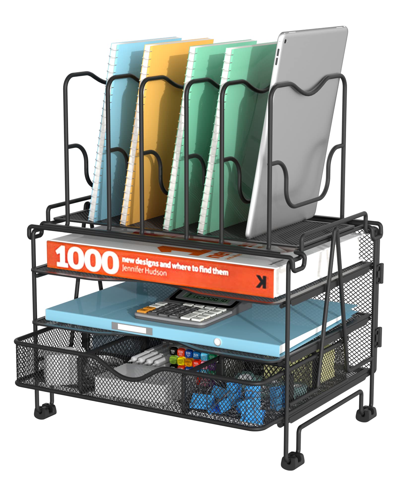 3-Tier Mesh Desk Organizer with Sliding Drawer - Black Office File Organizer for Papers, Pens & Supplies | Perfect for Home Office, Study Desk & Workspace Organization