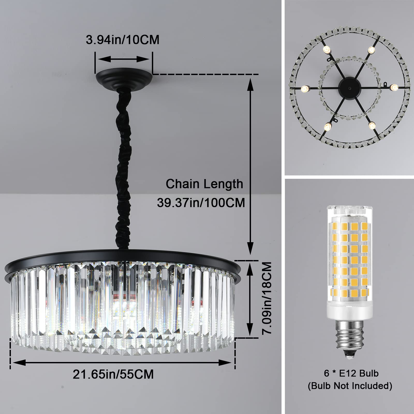 Modern Black Crystal Chandelier - 2-Tier Round Flush Mount Ceiling Light with Adjustable Height - Elegant Pendant Lighting for Dining Room, Living Room, Bedroom, Kitchen & Hotel Foyer - Perfect for Home Decor, Wedding Venues and Luxury Interior Design
