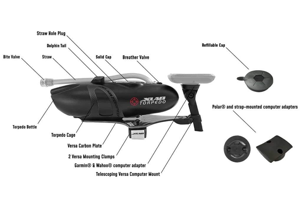 XLAB Torpedo Versa 500 Hydration System - Carbon Fiber Front Mount with Airflow Technology | Triathlon & Cycling Water Bottle for Road Bikes | Perfect for Long Distance Races & Training