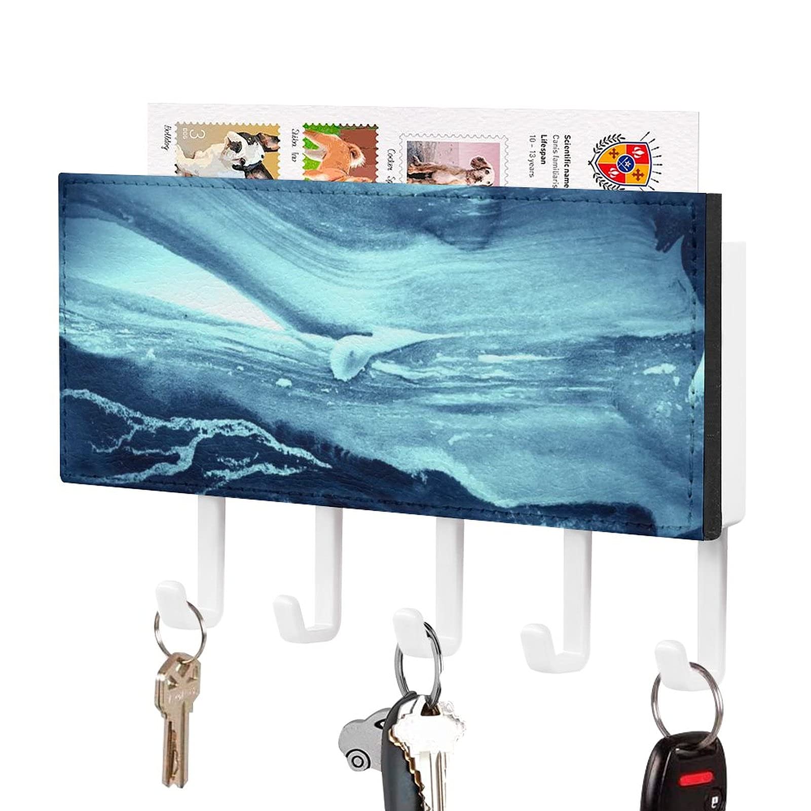 Wall Mounted Key Holder with 5 Hooks - Mail Shelf Sorter Organizer for Entryway, Abstract Blue Design - Perfect for Home, Office & Apartment Organization