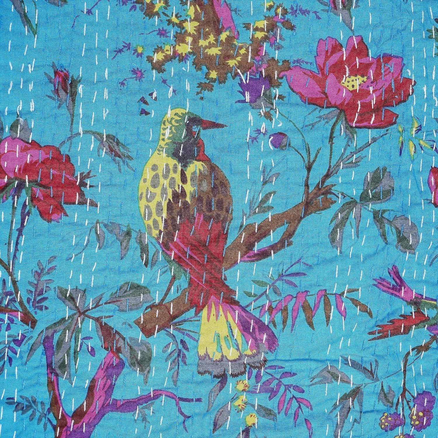 Handmade Cotton Kantha Quilt - Indian Bedspread & Throw Blanket with Bird Print, Reversible Design (Twin Size 60x90 Inches, Turquoise) - Perfect for Bedroom Decor, Sofa Cover, and Cozy Home Use