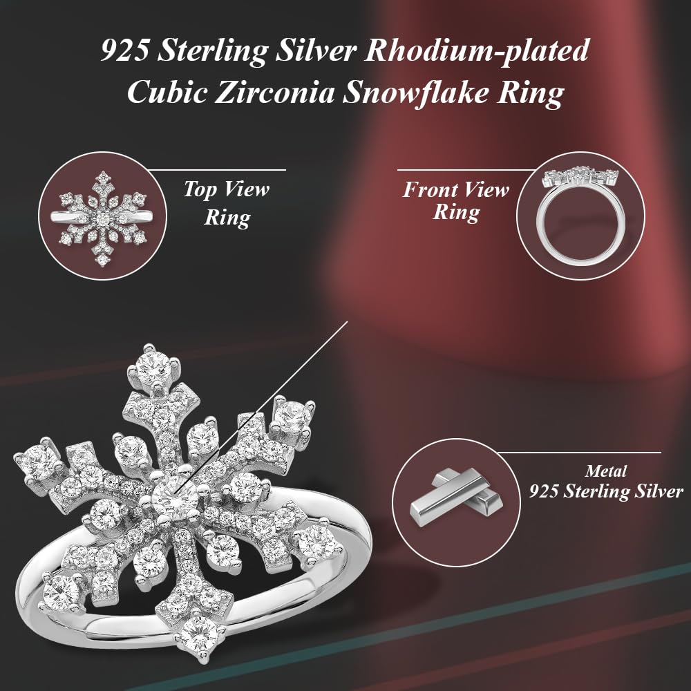 925 Sterling Silver Rhodium Plated Cubic Zirconia Snowflake Ring for Women - Elegant Winter Jewelry Gift for Christmas, Anniversary & Special Occasions