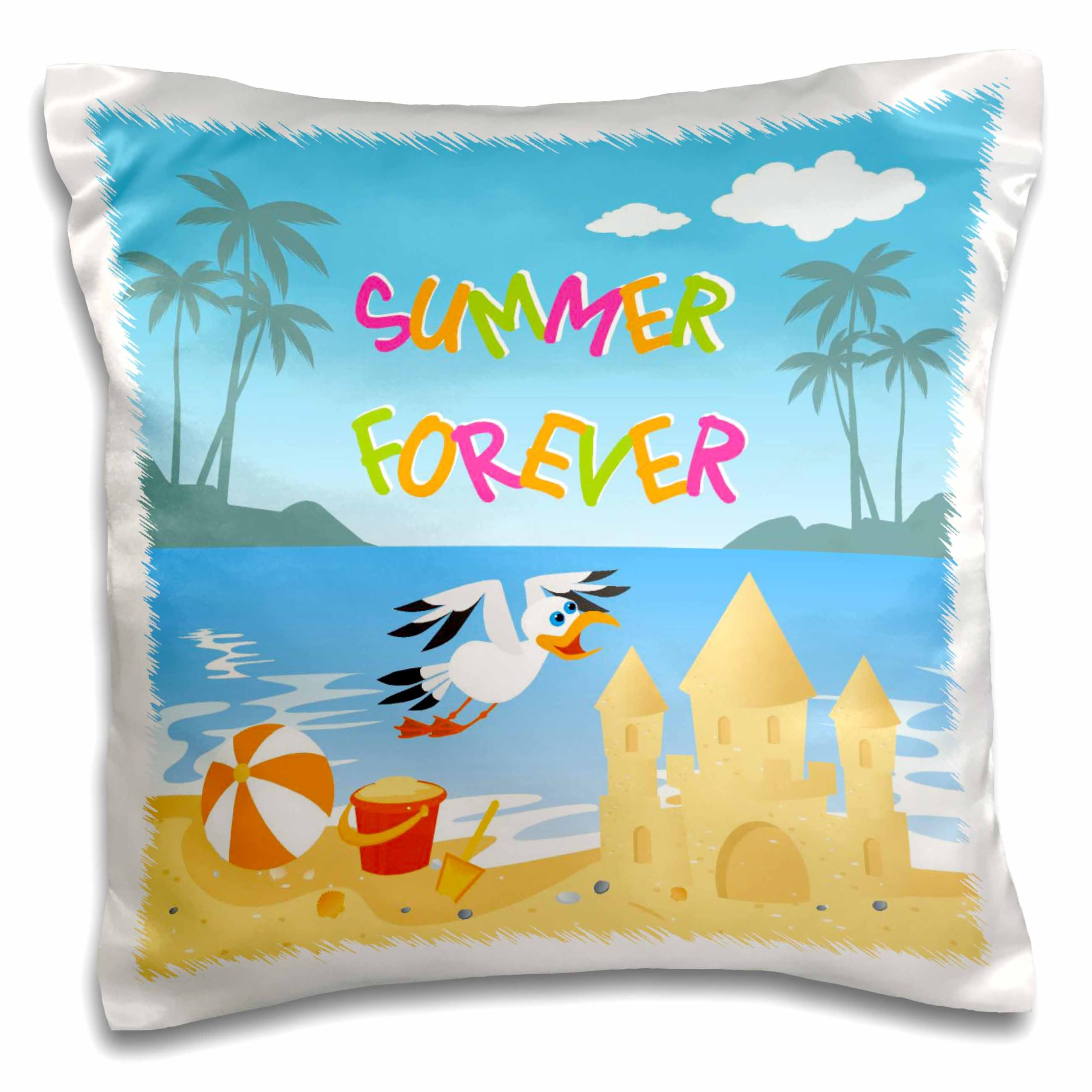 3D Rose Forever Summer Tropical Beach Pillow Case - 16x16 Inch with Islands, Palm Trees, Sand Castle & Seagull Design - Perfect for Beach House Decor, Coastal Bedroom, Vacation Home & Tropical Themed Rooms