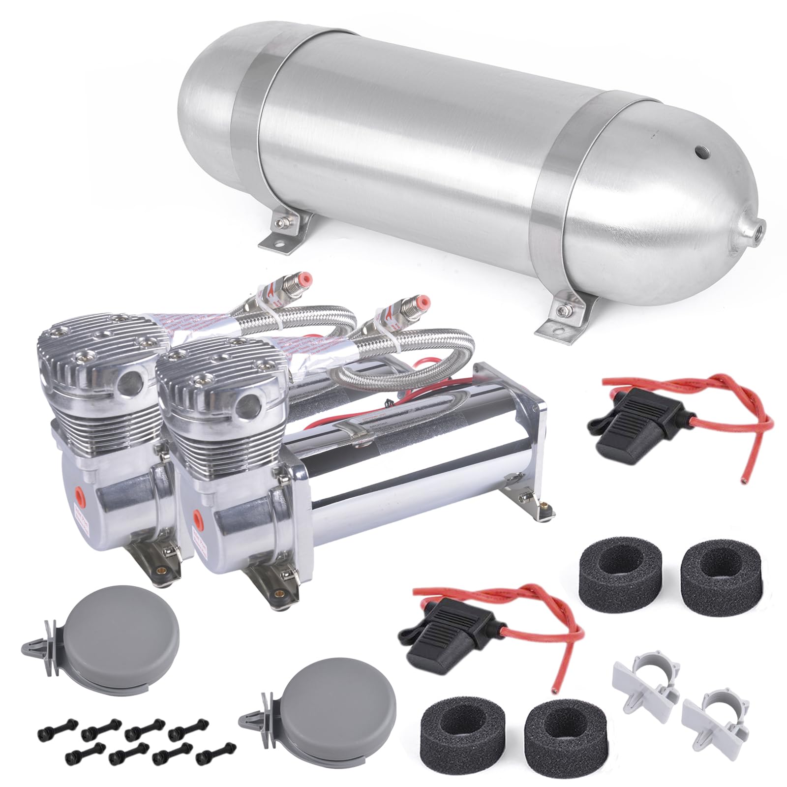3 Gallon Aluminum Air Tank with 200PSI 12V Air Compressor Kit - Onboard Air System for Train Cars, Vehicles, Semi & Pickup Trucks - 1/4NPT Fittings - Perfect for Air Horns, Air Suspension & Tire Inflation