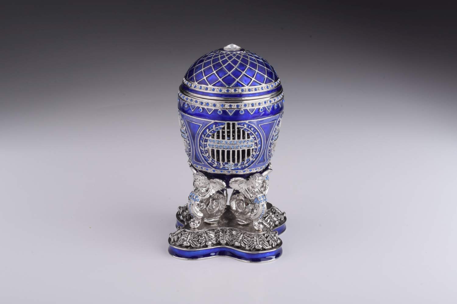 Blue Russian Egg Trinket Box with Man Riding Horse Surprise Inside - Unique Faberge Egg Decorated with Austrian Crystals - Limited Edition Collectible Easter Gift for Home Decor, Jewelry Storage & Holiday Display