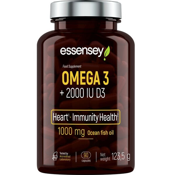 Essensey Omega 3 Fish Oil with 2000IU Vitamin D3 - 90 Softgel Capsules for Heart, Brain & Immune Health - Supports Joint Function & Bone Strength