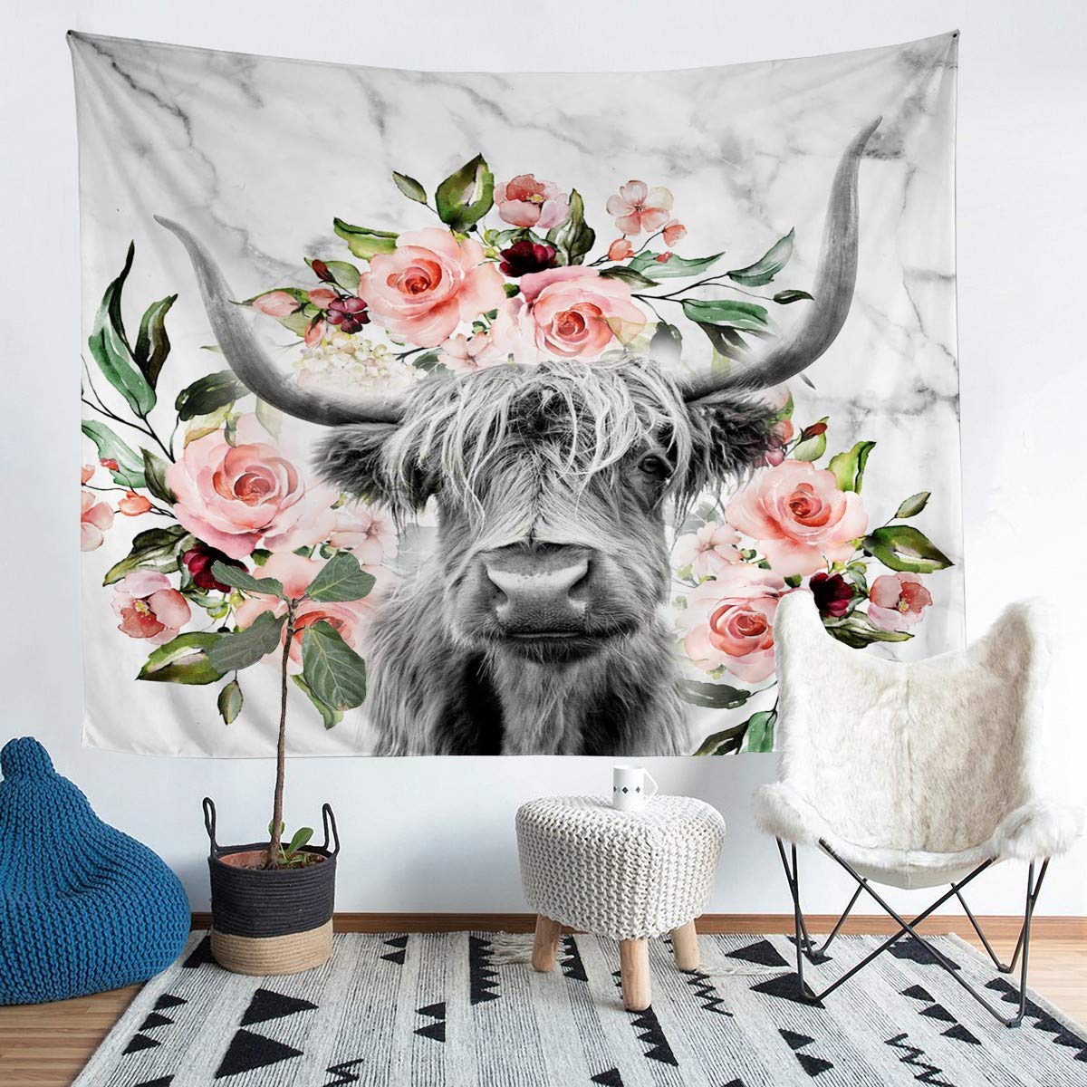 Highland Cow Flower Tapestry Wall Hanging - Western Farmhouse Decor for Bedroom, Living Room (59x82 Inches, Rose Grey Marble) | Funny Animal Wall Art, Wildlife Home Decor