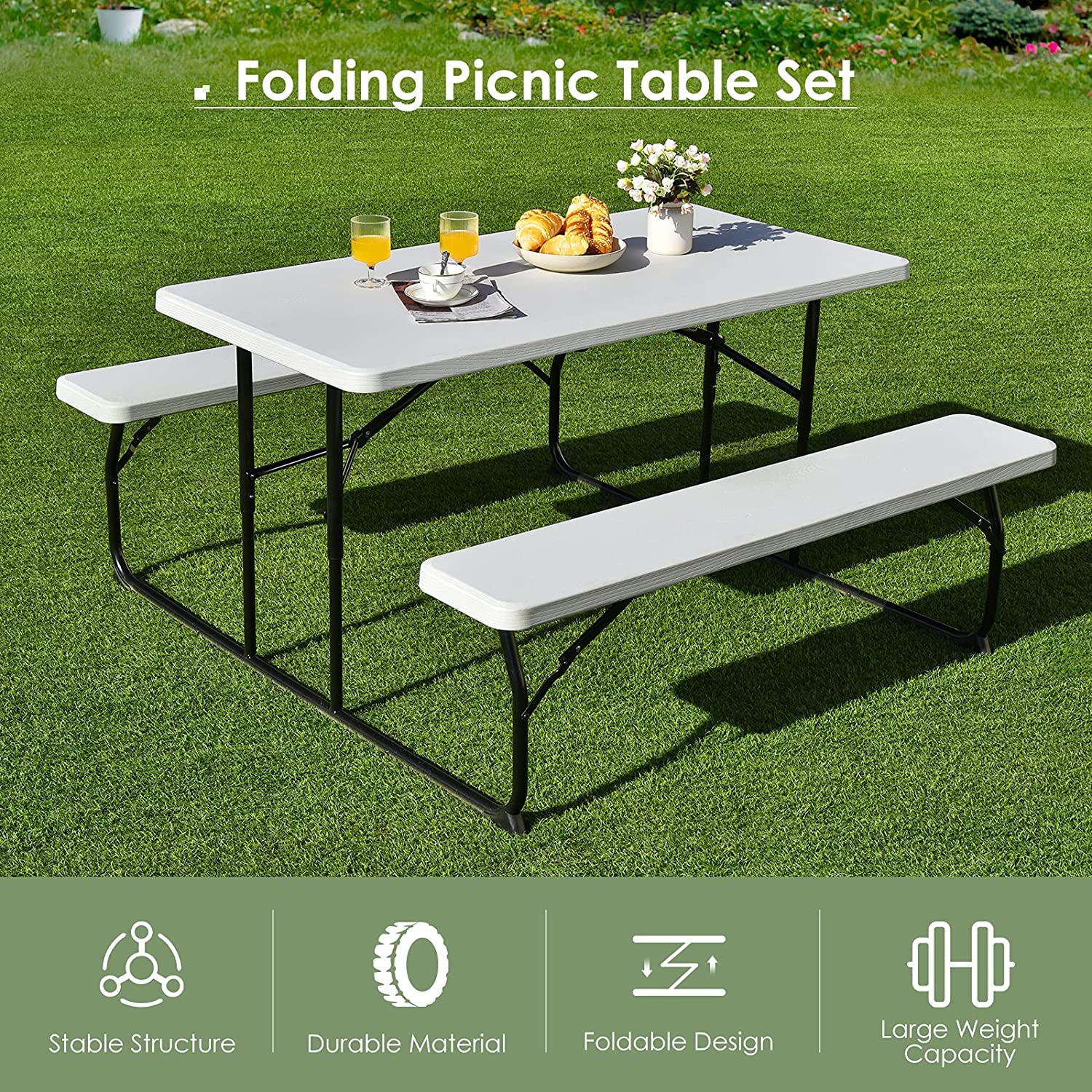 Hysache Folding Picnic Table Bench Set - 4-6 Person Portable Outdoor Dining Table with Wood-Like Texture & Weather-Resistant Metal Frame - Perfect for Camping, Backyard BBQs, Picnics, and Patio Parties (White)