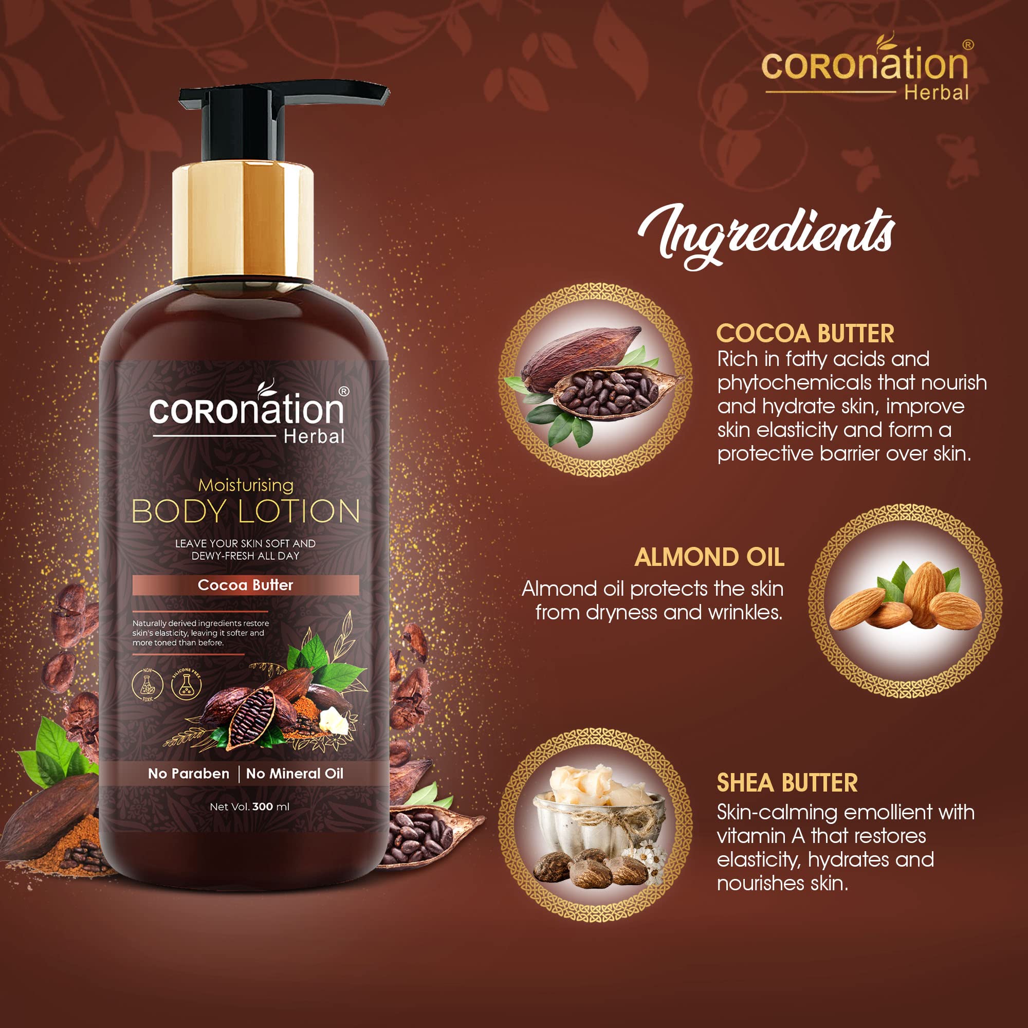 COROnation Herbal Unisex Cocoa Butter Moisturizing Face & Body Lotion - 300ml X 2 (Pack of 2) | Deep Hydration for Dry Skin, Natural Skincare for Men & Women | Perfect for Daily Moisturizing, After Shower Care & Travel Essentials