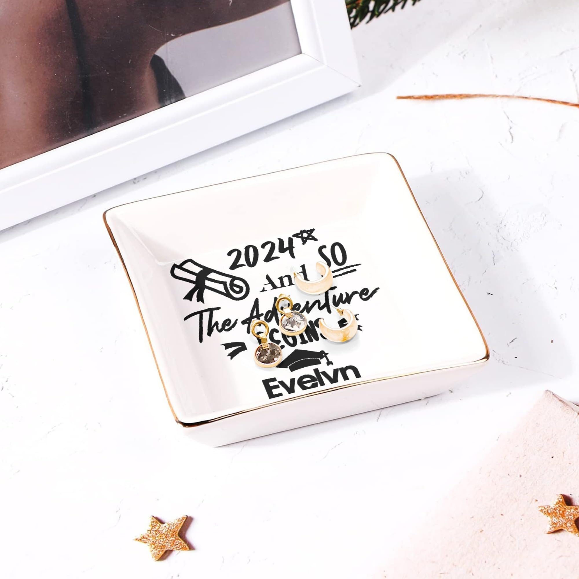 Personalized Graduation Gift for Women - Custom Engraved Ceramic Ring Dish with Inspirational Quote, Class of 2024 College & High School Graduation Present for Her - Perfect Jewelry Tray for Dorm Room, Bedside Table or Vanity Decor