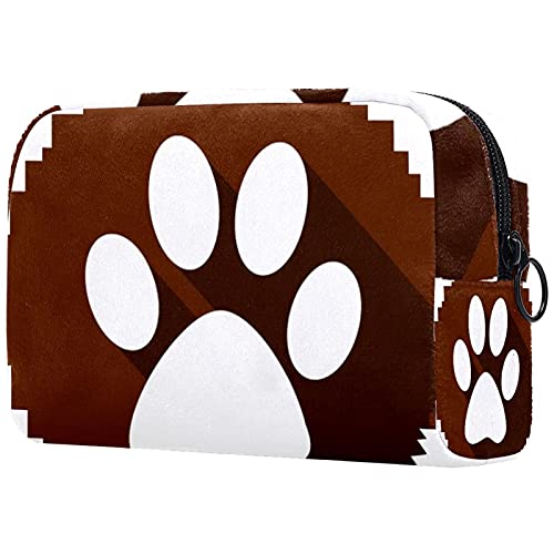 Premium Leather Makeup Bag for Women - Large Travel Cosmetic Organizer with Dog Paw Print (Brown) | Waterproof Toiletry Case for Purse, Gym, Vacation & Everyday Use