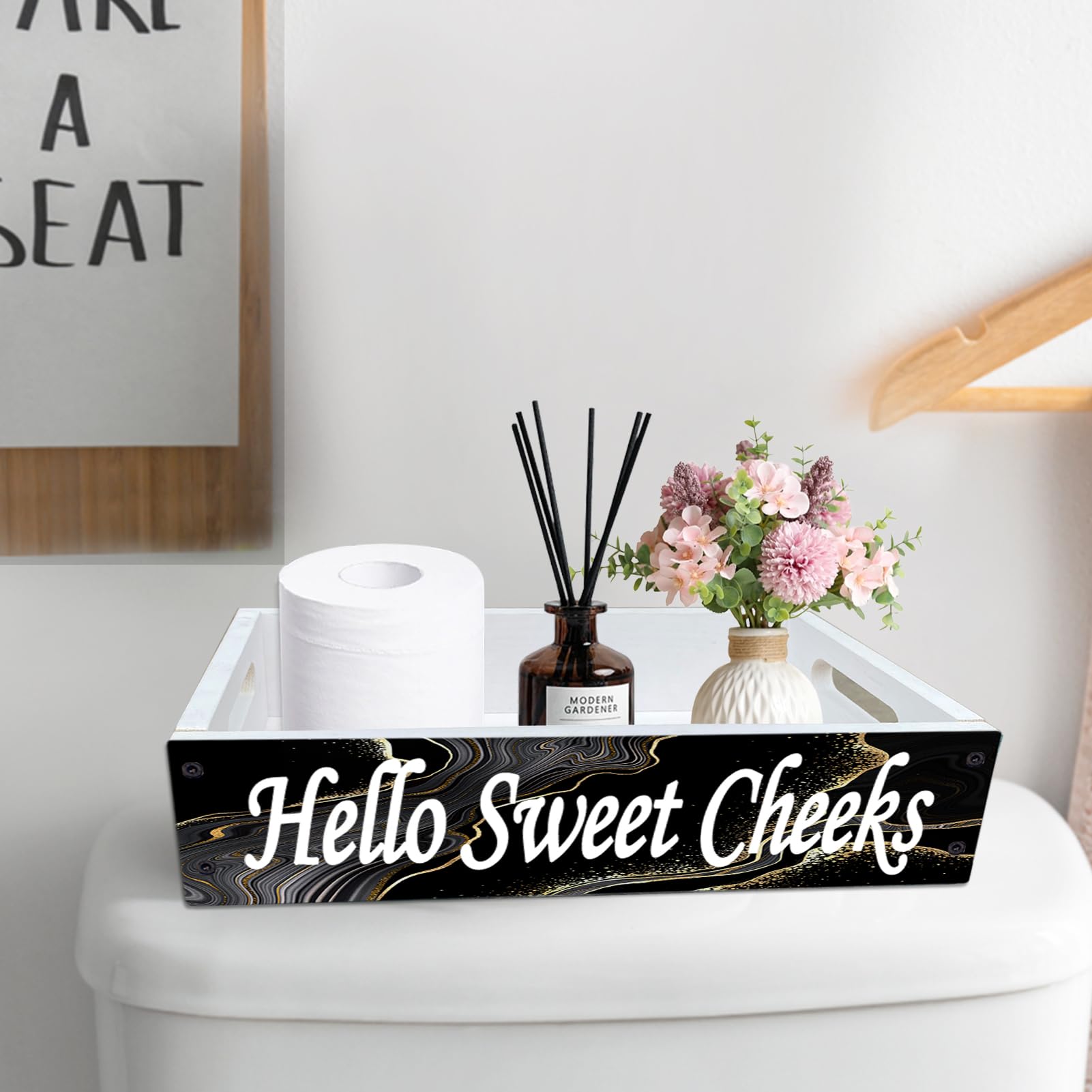 Lnond Rustic Bathroom Decor Box - Wooden Toilet Tank Tray Storage Basket with Handle, Black Gold Marble Design - Perfect for Bathroom Organization & Hello Sweet Cheeks Themed Decor